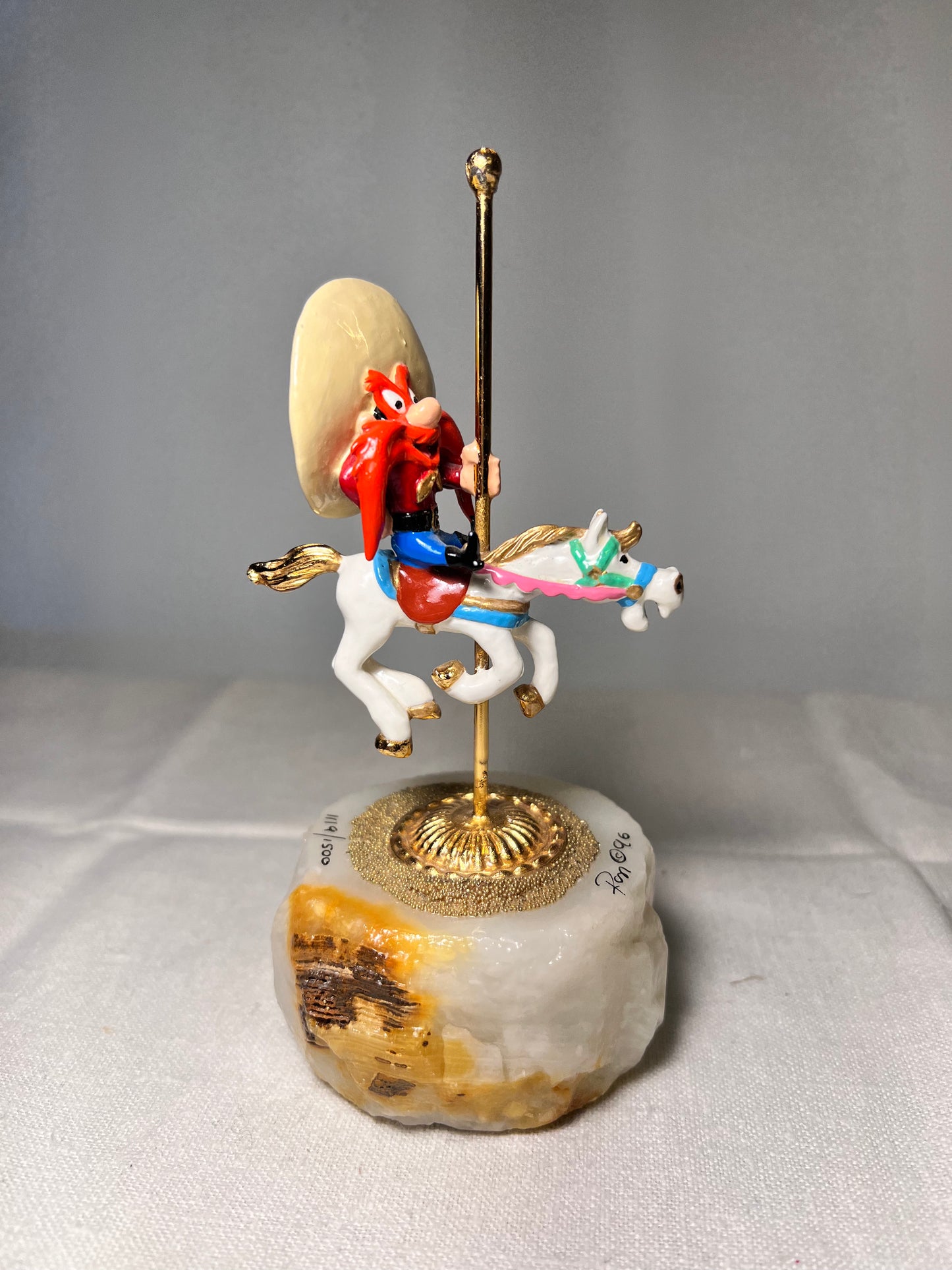 Ron Lee- Yosemite Sam On carousel horse-6” statue-1996- signed and Numbered 1119/1500-Looney Tunes -Warner Brothers- Stone base 