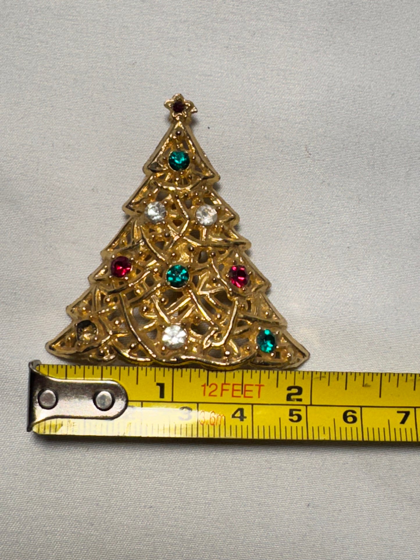 Vintage Christmas Tree Brooch with Gemstones – Gold Tone – 2” x 2.5”