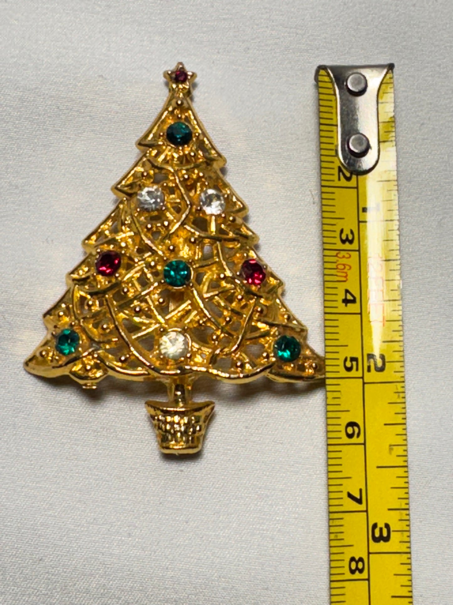 Vintage Gold Christmas Tree Brooch with Red, Green & Clear Gemstones
