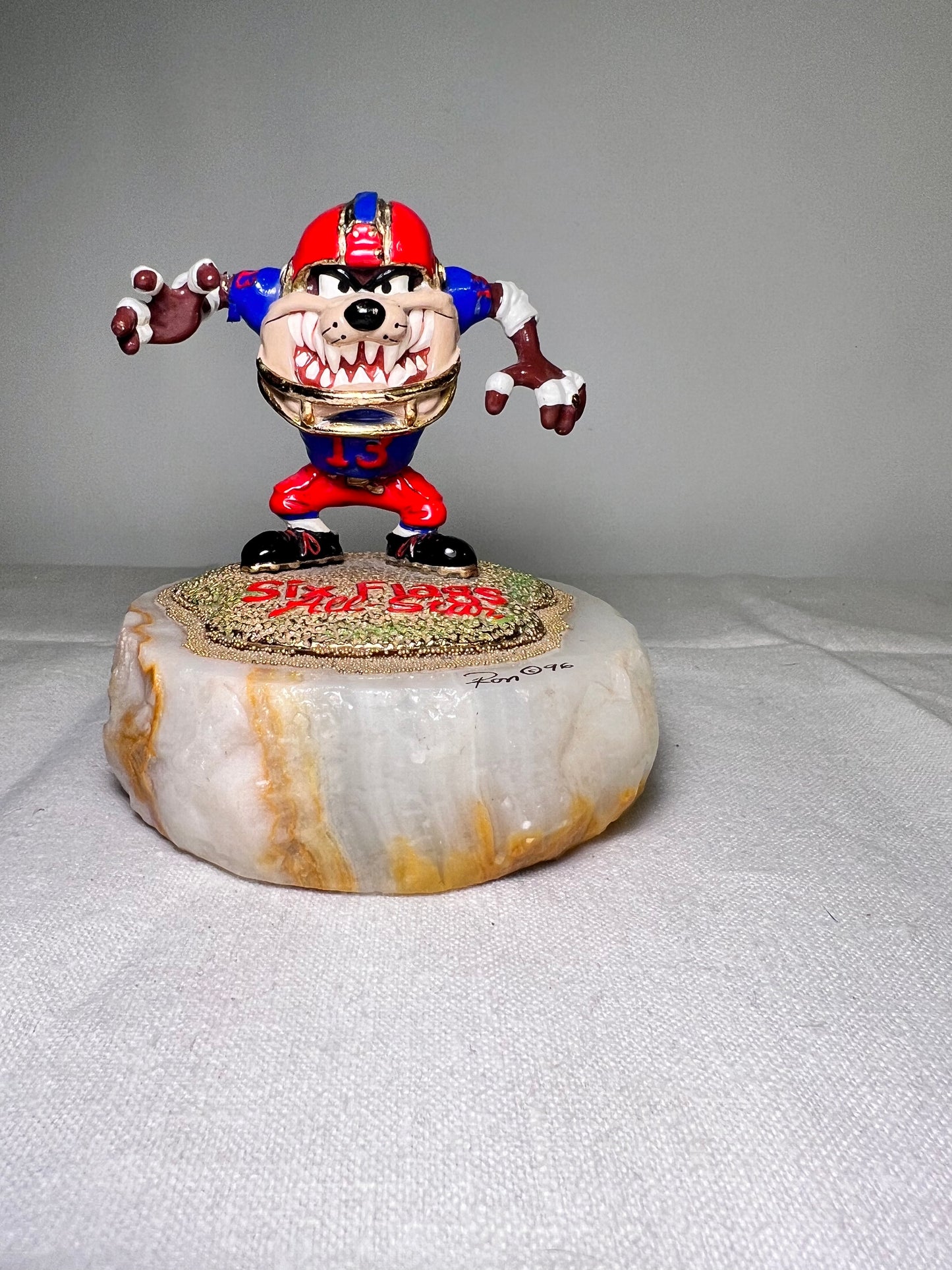 Ron Lee- Taz- Six Flags all Stars- Football-4 1/2” statue- red & blue jersey – #13– signed and numbered 110/750– 1996-looney Tunes – Warner Brothers – Stone base