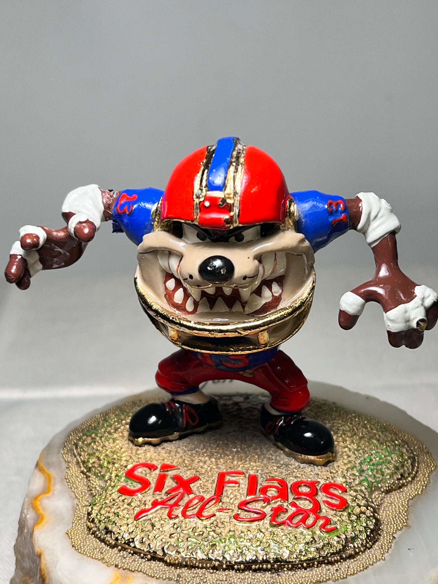 Ron Lee- Taz- Six Flags all Stars- Football-4 1/2” statue- red & blue jersey – #13– signed and numbered 110/750– 1996-looney Tunes – Warner Brothers – Stone base