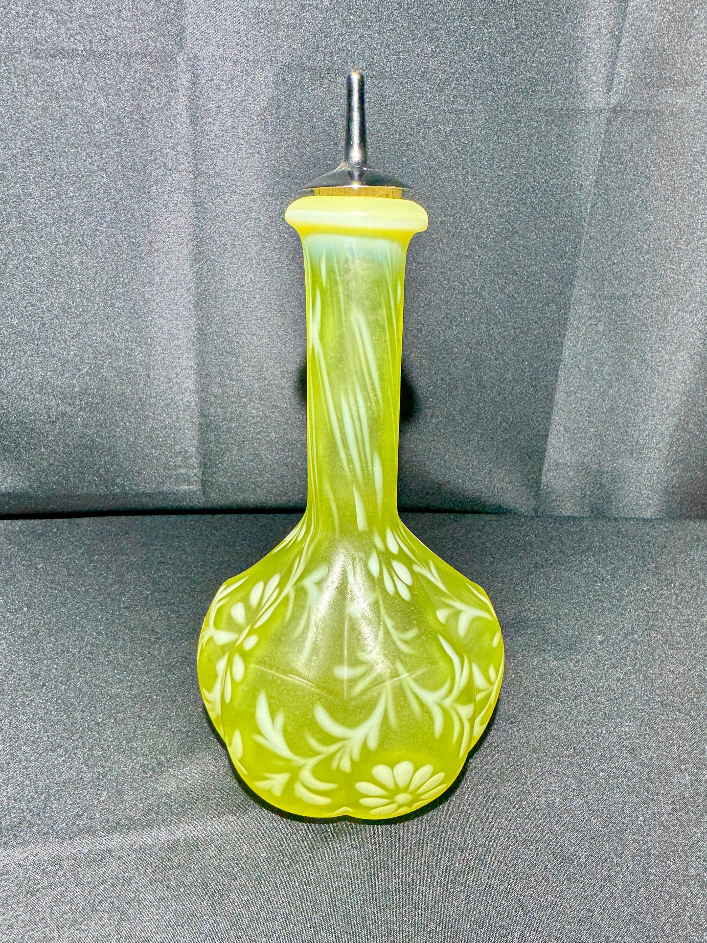 Uranium Fenton Glass Barber Bottle with Topper – Daisy & Fern Pattern – EAPG – 8 1/2”