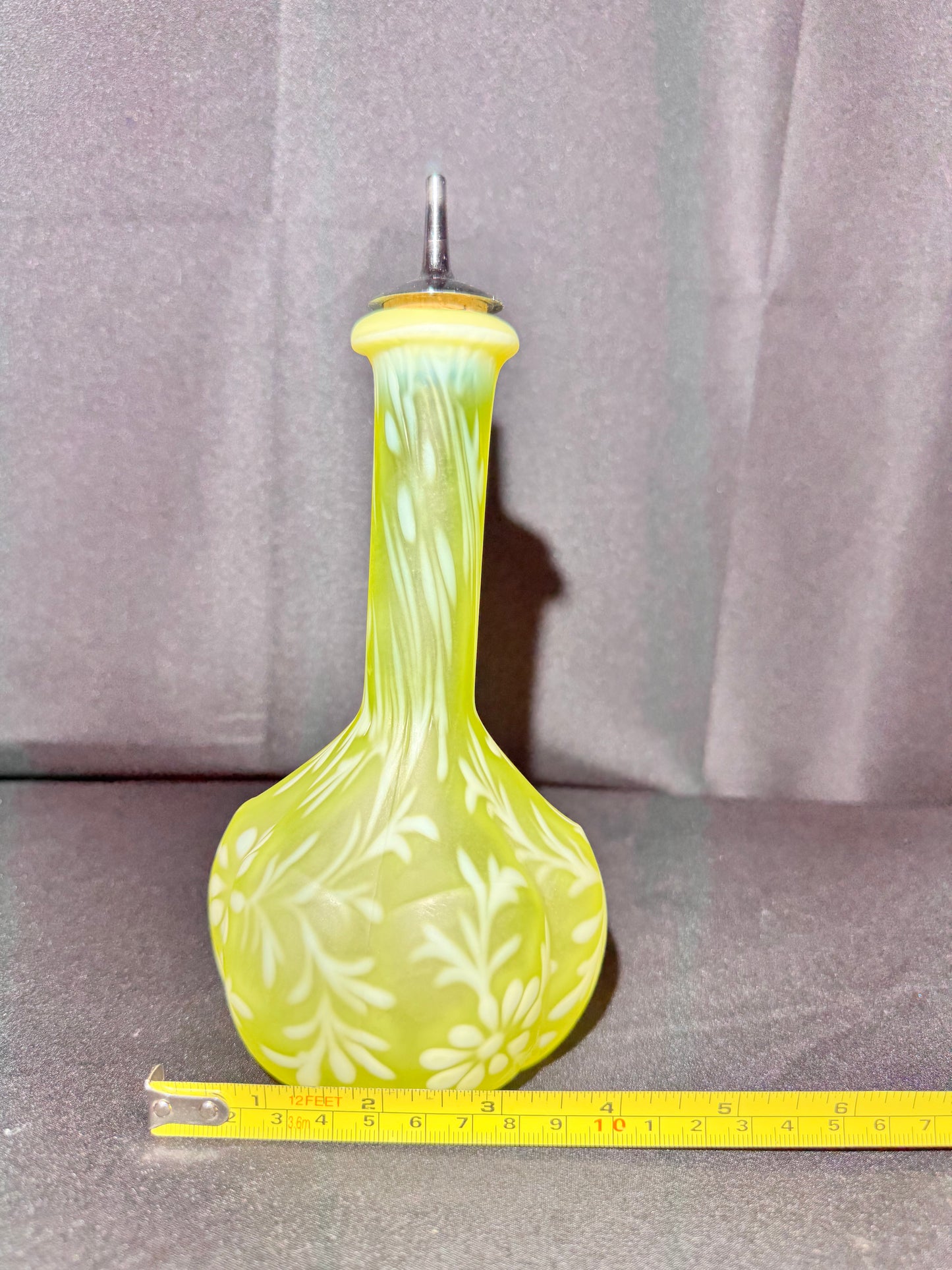 Uranium Fenton Glass Barber Bottle with Topper – Daisy & Fern Pattern – EAPG – 8 1/2”