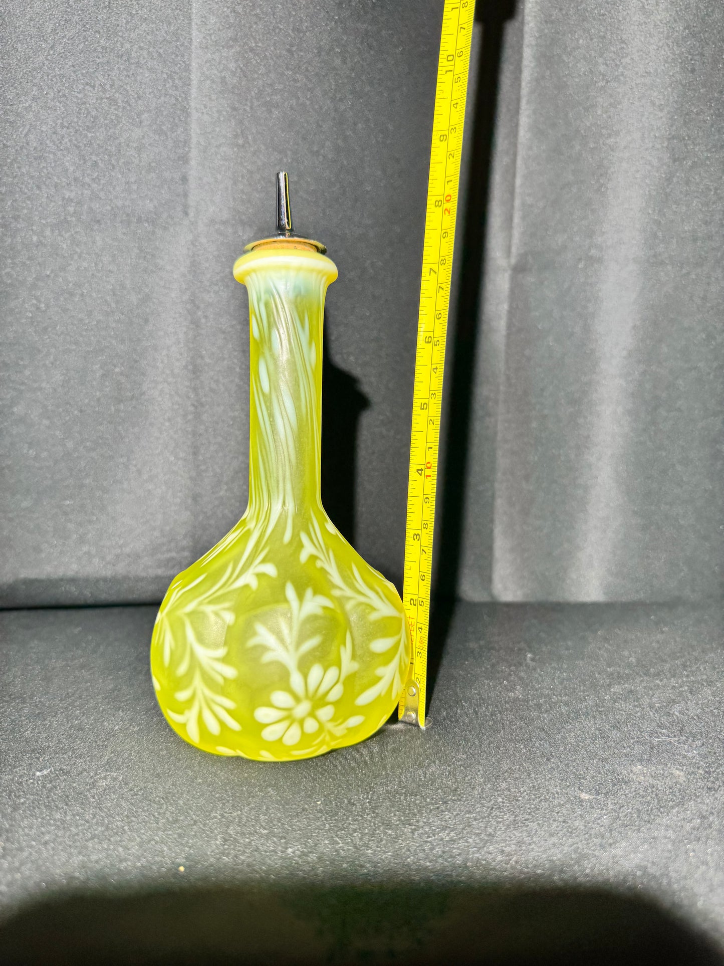 Uranium Fenton Glass Barber Bottle with Topper – Daisy & Fern Pattern – EAPG – 8 1/2”