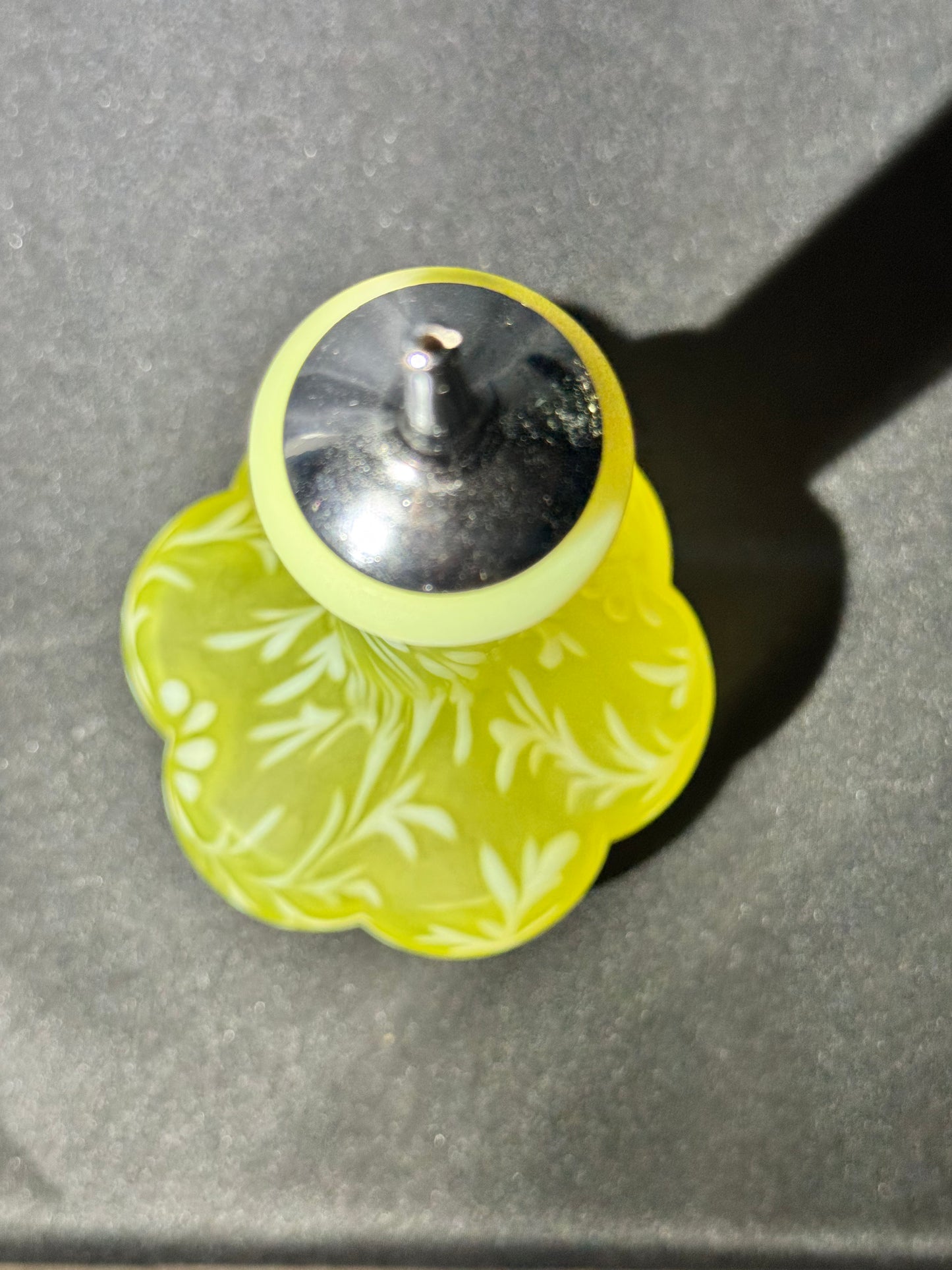 Uranium Fenton Glass Barber Bottle with Topper – Daisy & Fern Pattern – EAPG – 8 1/2”