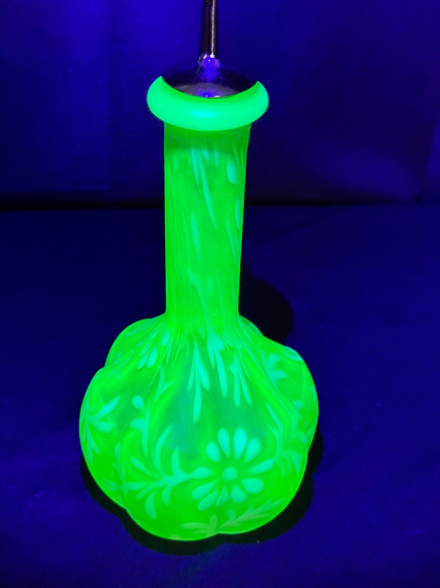 Uranium Fenton Glass Barber Bottle with Topper – Daisy & Fern Pattern – EAPG – 8 1/2”