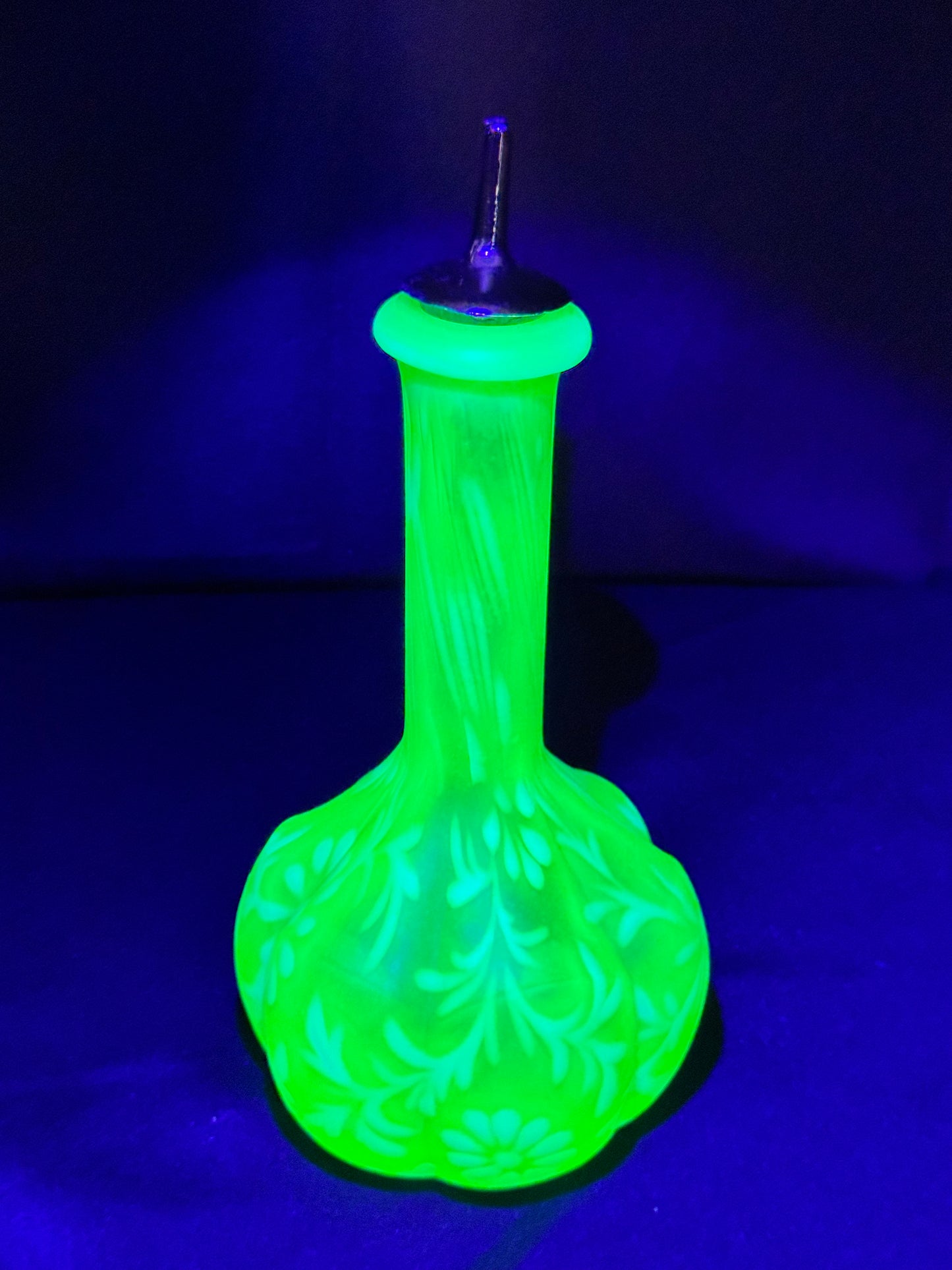 Uranium Fenton Glass Barber Bottle with Topper – Daisy & Fern Pattern – EAPG – 8 1/2”