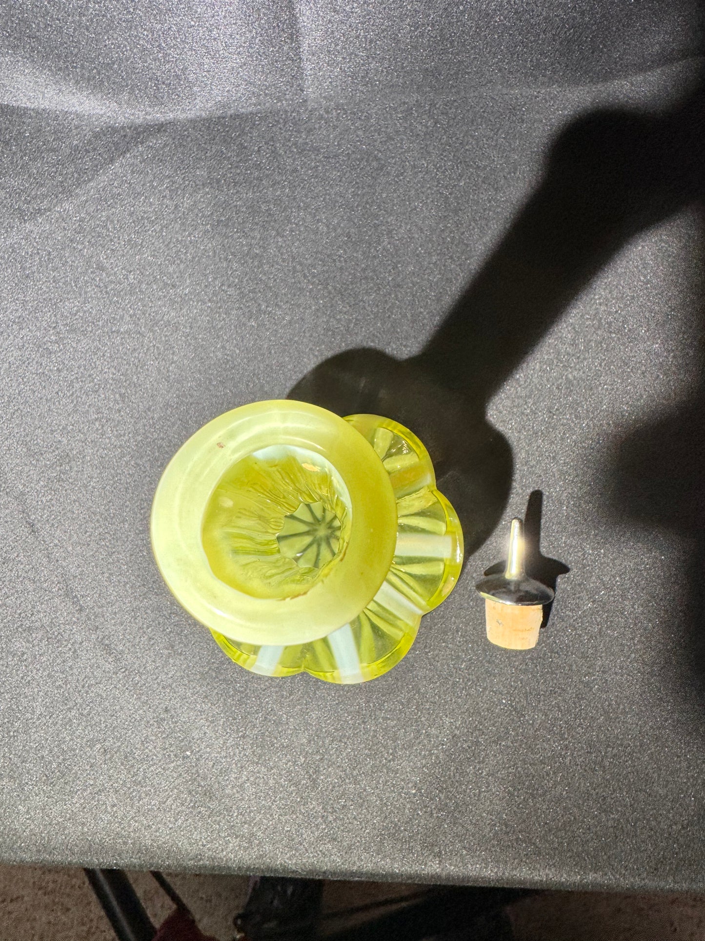 Uranium Fenton Glass- Barber Bottle- Stripped with Topper