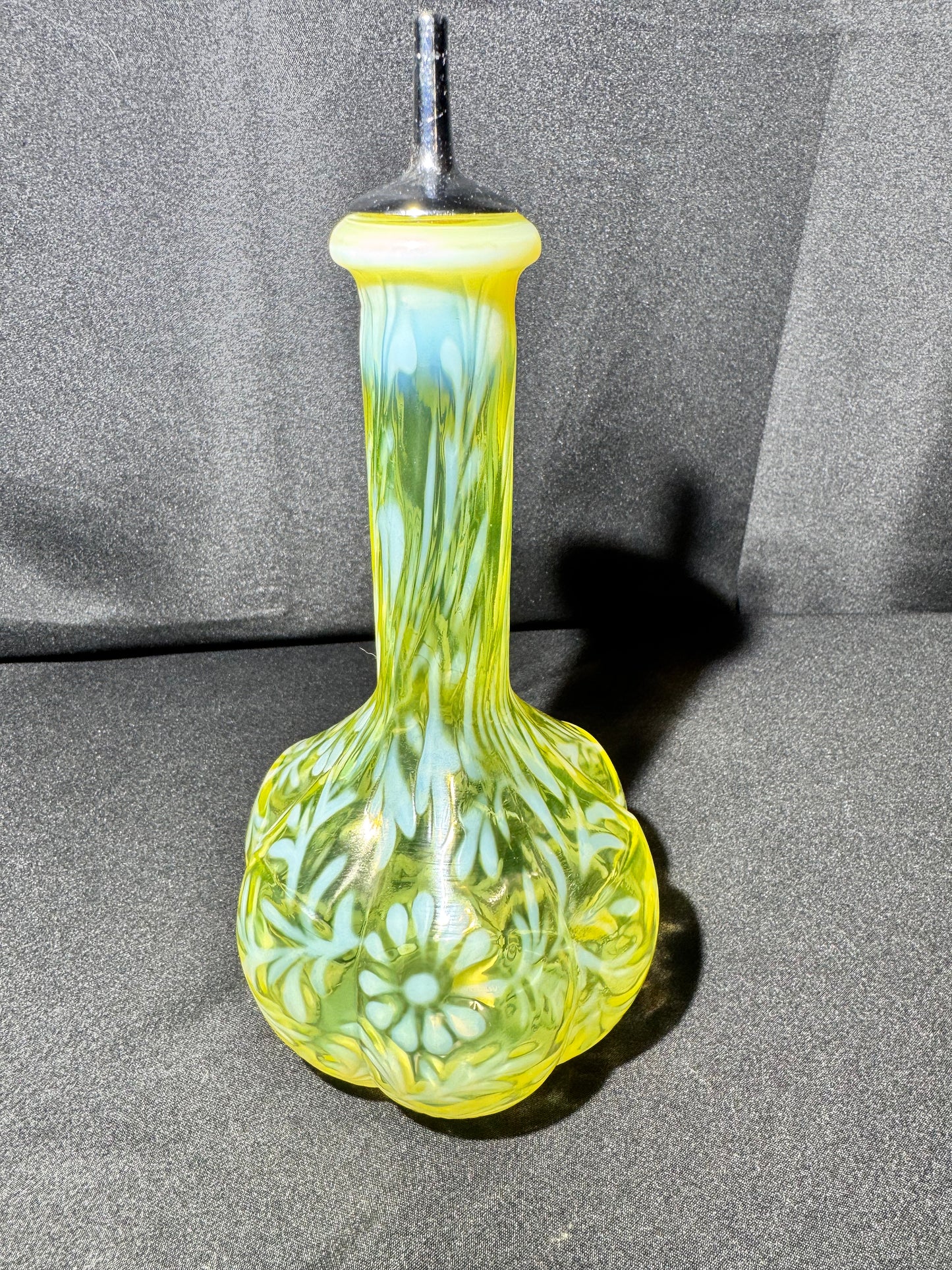 Uranium EAPG Opalescent Barber Bottle Daisy & Fern Pattern w/ Topper – Patent No. 689351 ODL