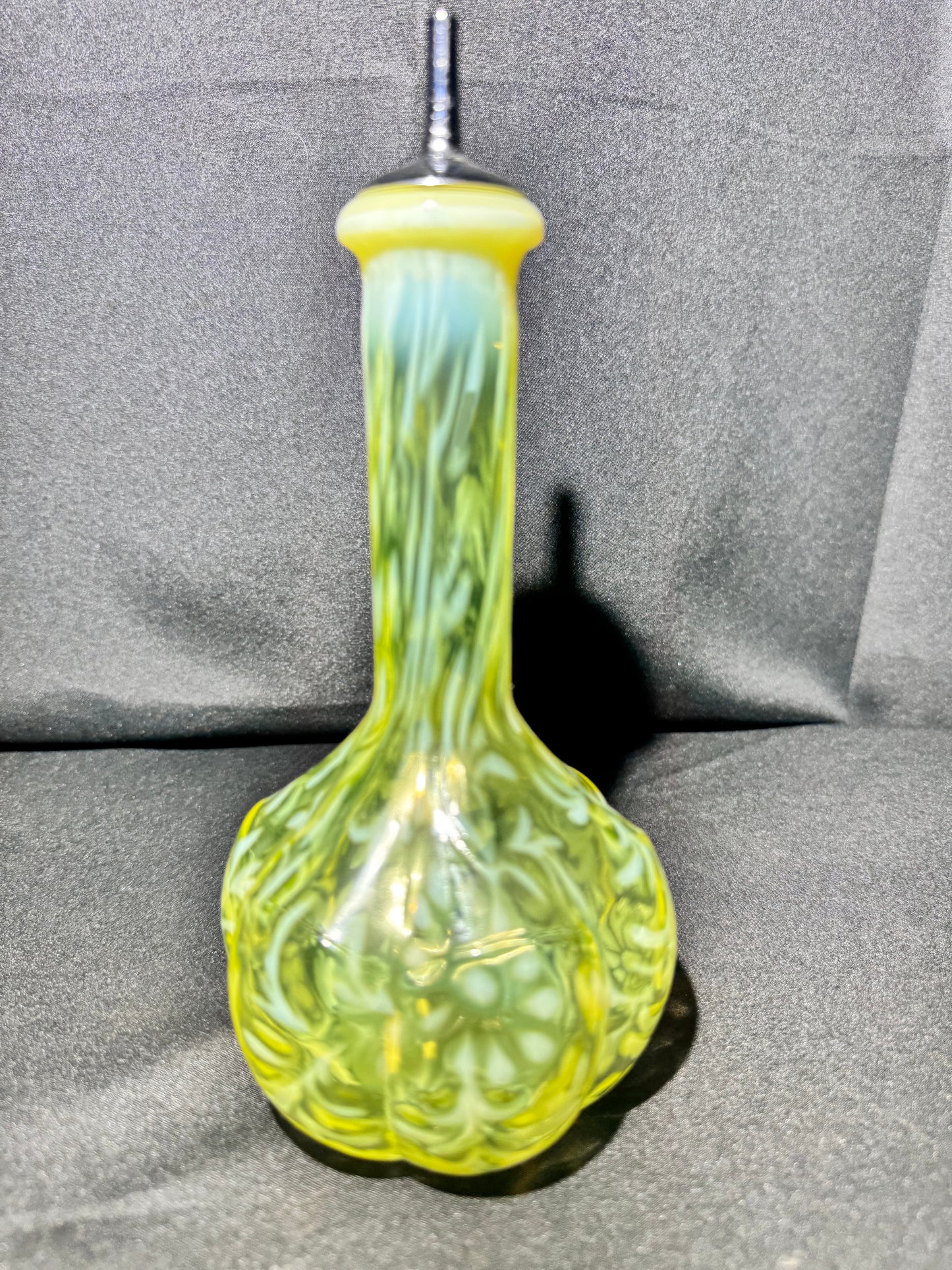 Uranium EAPG Opalescent Barber Bottle Daisy & Fern Pattern w/ Topper – Patent No. 689351 ODL