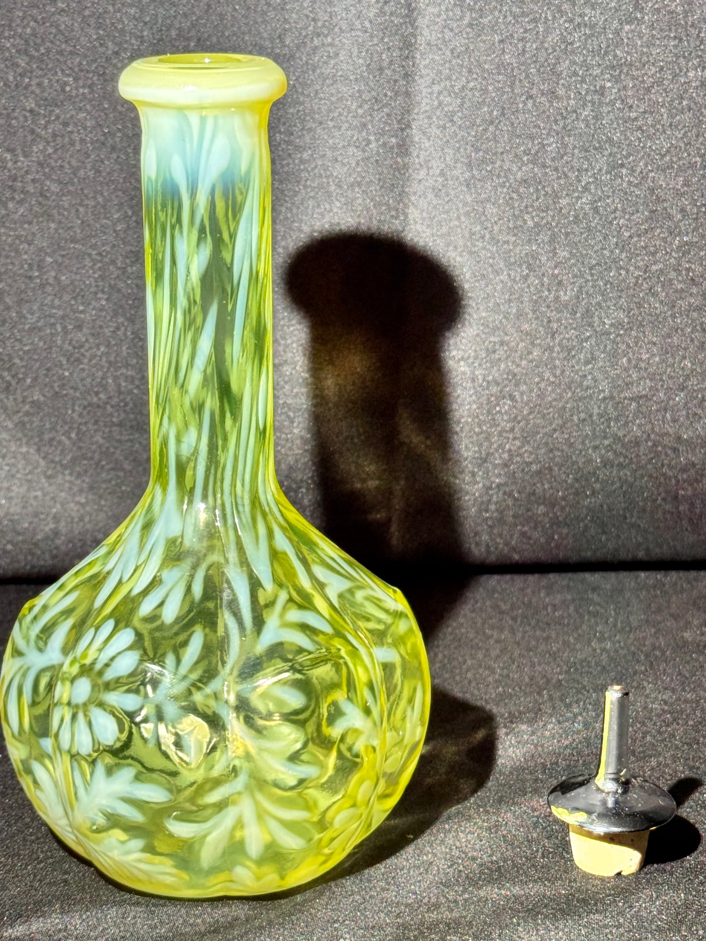 Uranium EAPG Opalescent Barber Bottle Daisy & Fern Pattern w/ Topper – Patent No. 689351 ODL
