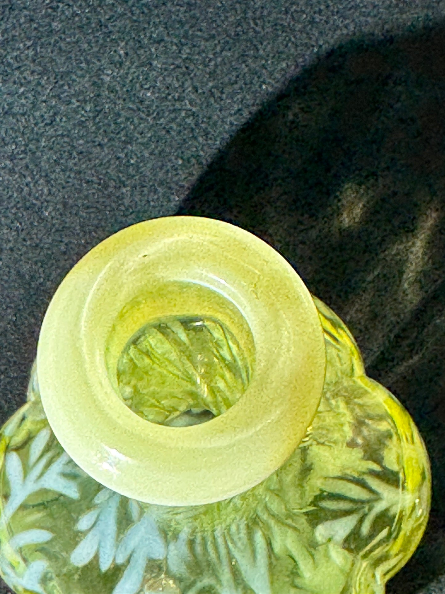 Uranium EAPG Opalescent Barber Bottle Daisy & Fern Pattern w/ Topper – Patent No. 689351 ODL