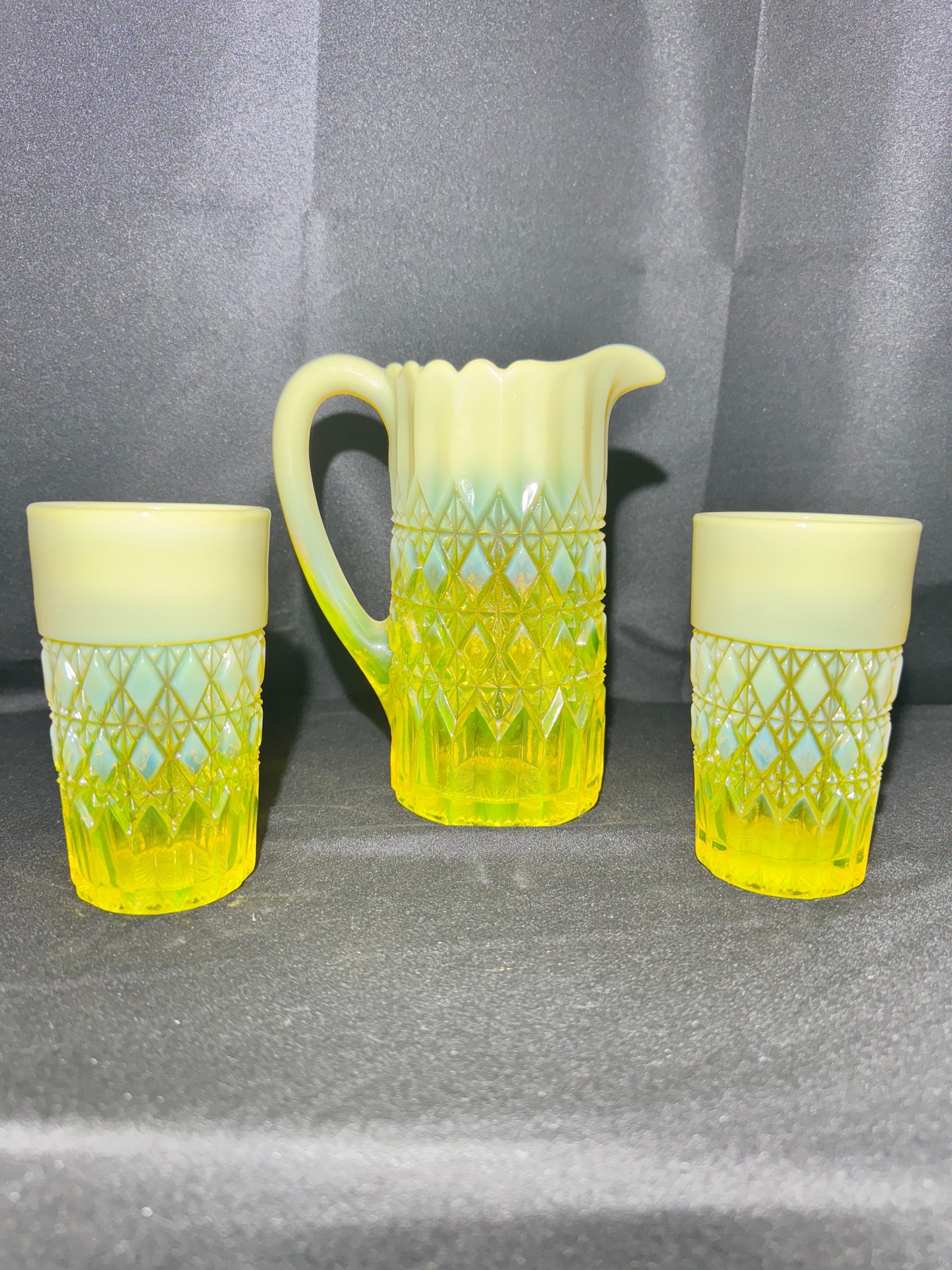 George Davidson – Pearline Opalescent Uranium Glass Pitcher and 2 Tumblers – Vintage EAPG
