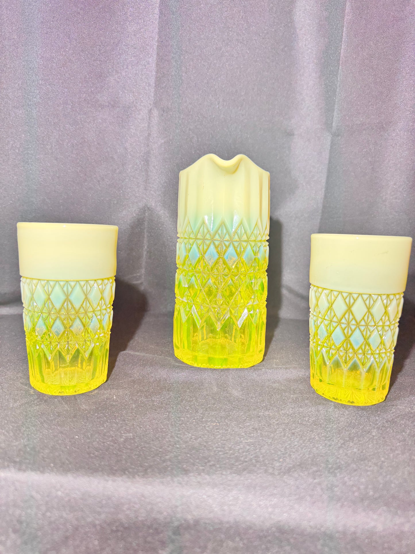 George Davidson – Pearline Opalescent Uranium Glass Pitcher and 2 Tumblers – Vintage EAPG