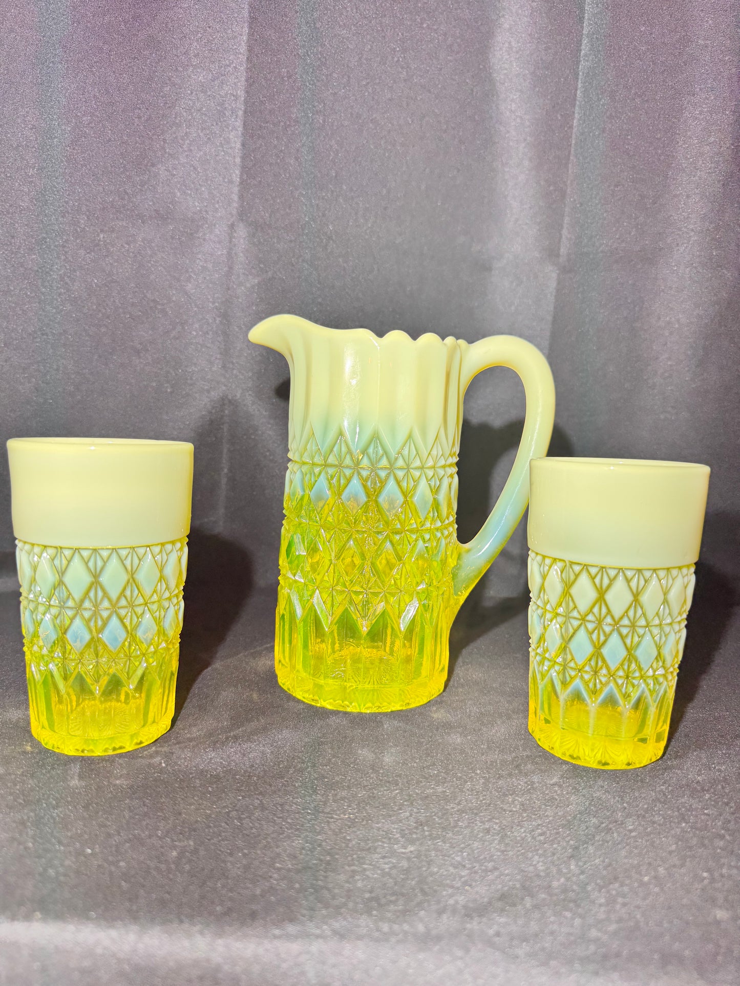 George Davidson – Pearline Opalescent Uranium Glass Pitcher and 2 Tumblers – Vintage EAPG