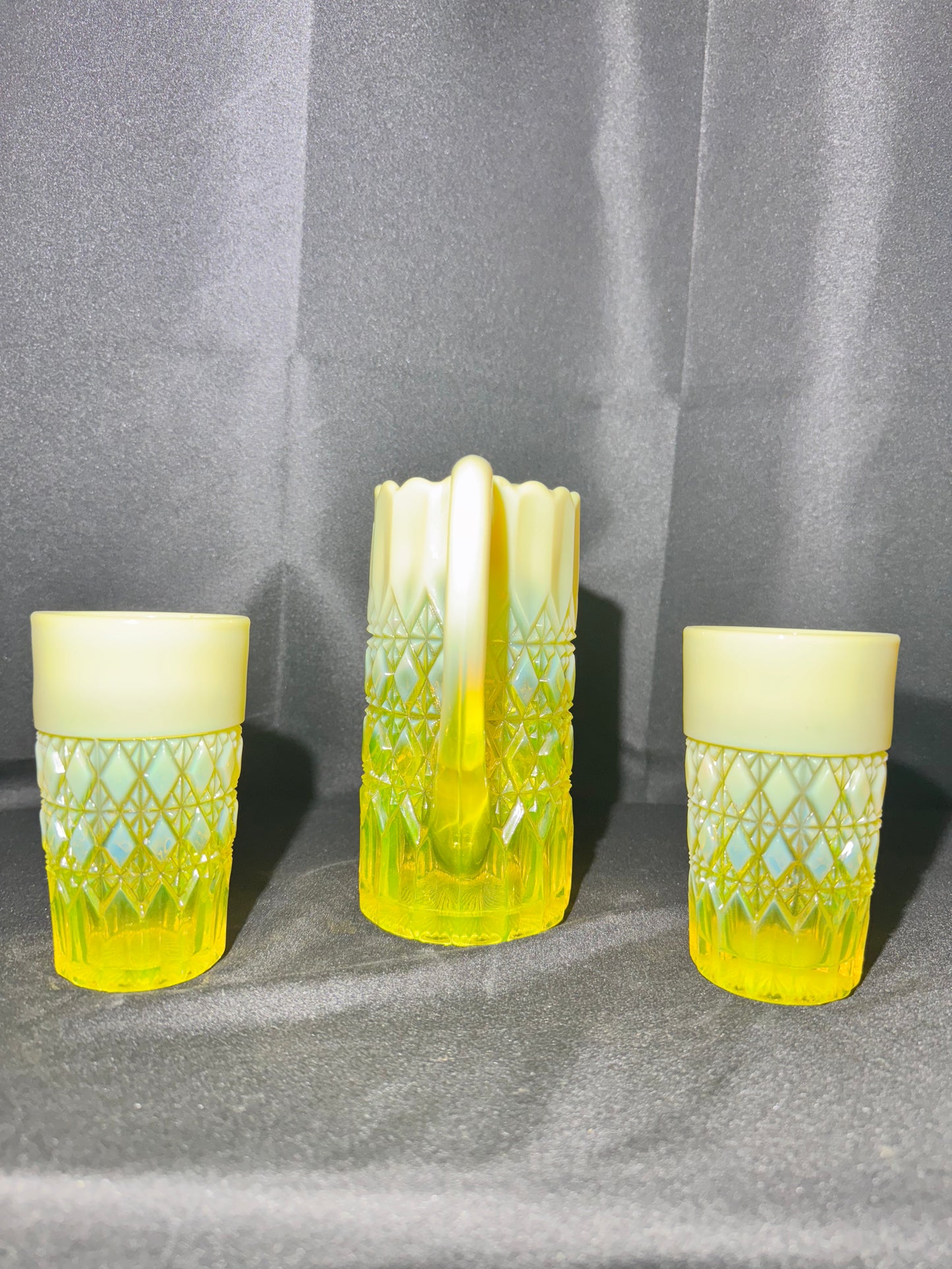 George Davidson – Pearline Opalescent Uranium Glass Pitcher and 2 Tumblers – Vintage EAPG