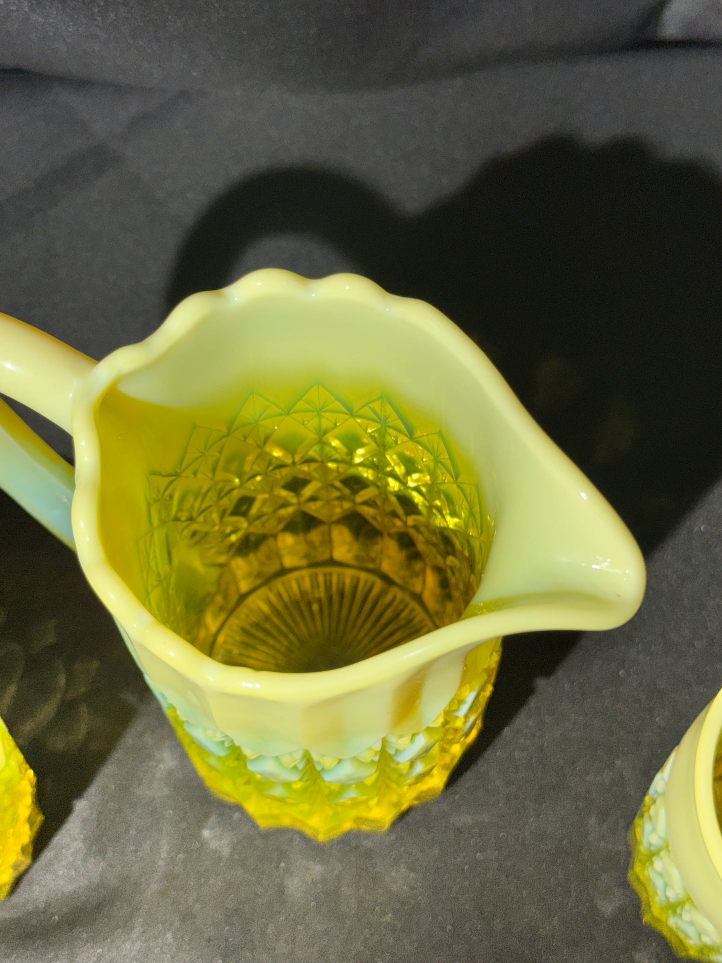 George Davidson – Pearline Opalescent Uranium Glass Pitcher and 2 Tumblers – Vintage EAPG