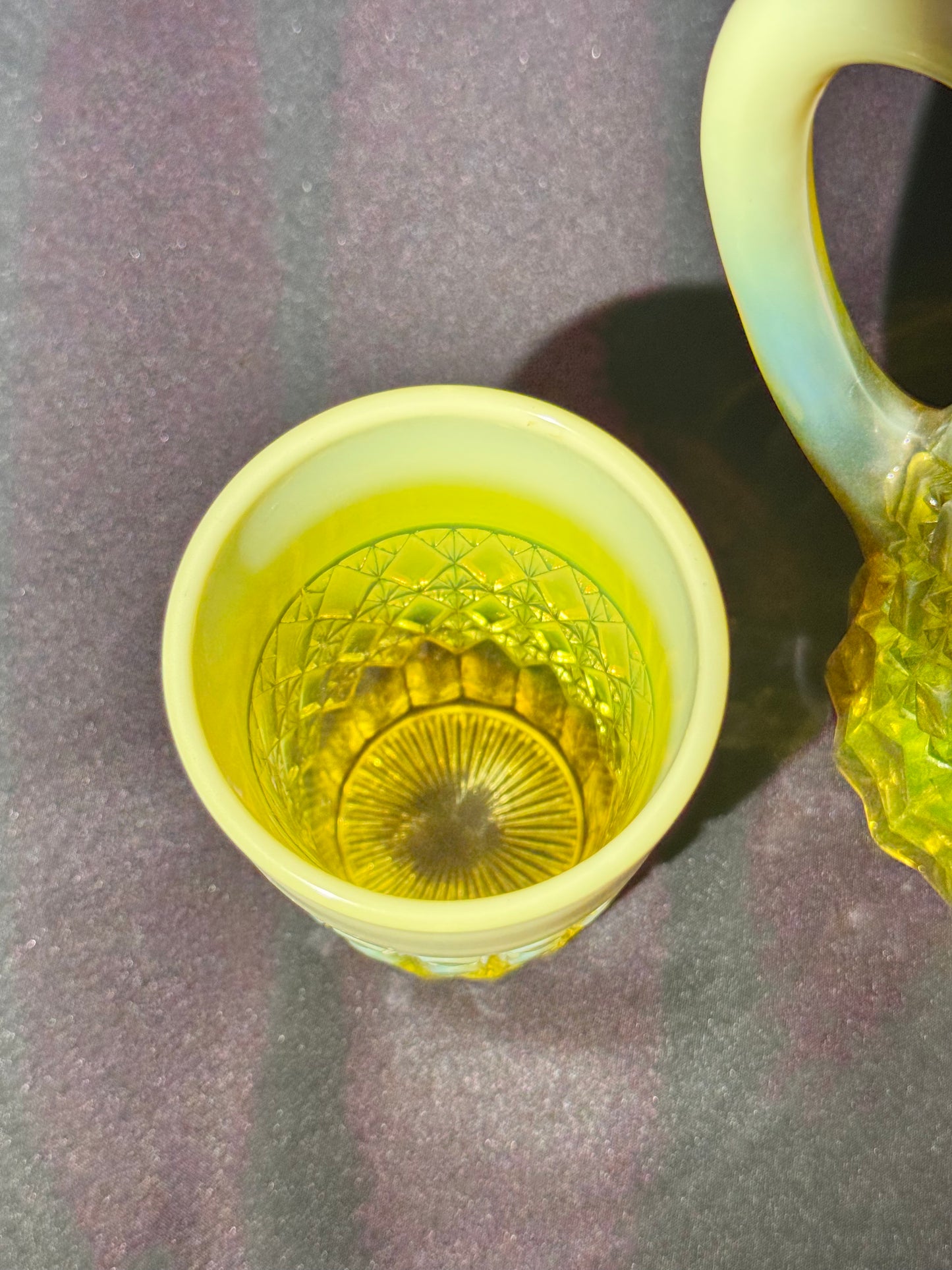 George Davidson – Pearline Opalescent Uranium Glass Pitcher and 2 Tumblers – Vintage EAPG