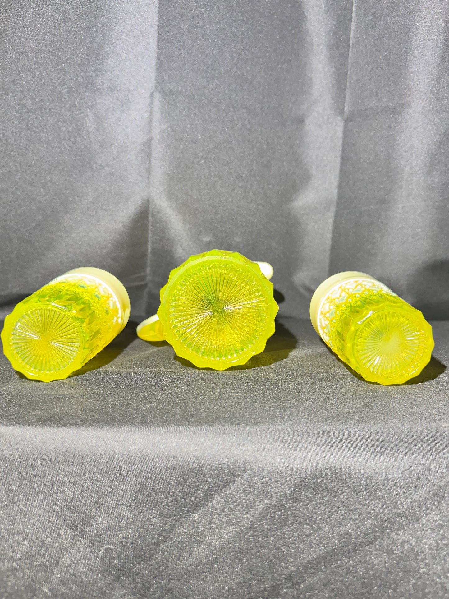 George Davidson – Pearline Opalescent Uranium Glass Pitcher and 2 Tumblers – Vintage EAPG