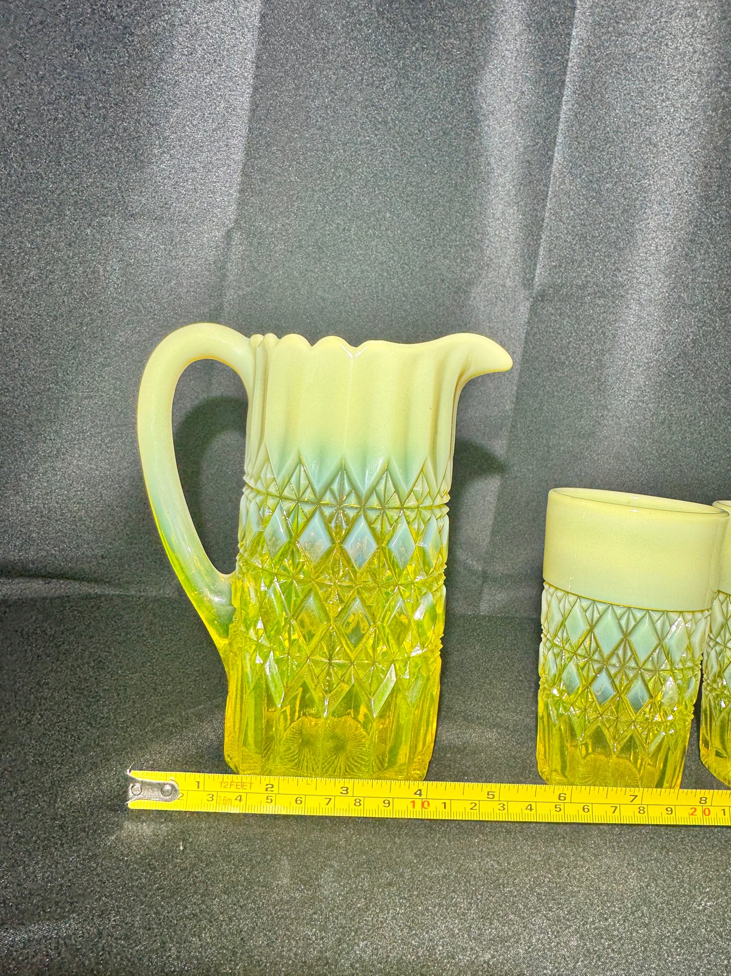 George Davidson – Pearline Opalescent Uranium Glass Pitcher and 2 Tumblers – Vintage EAPG