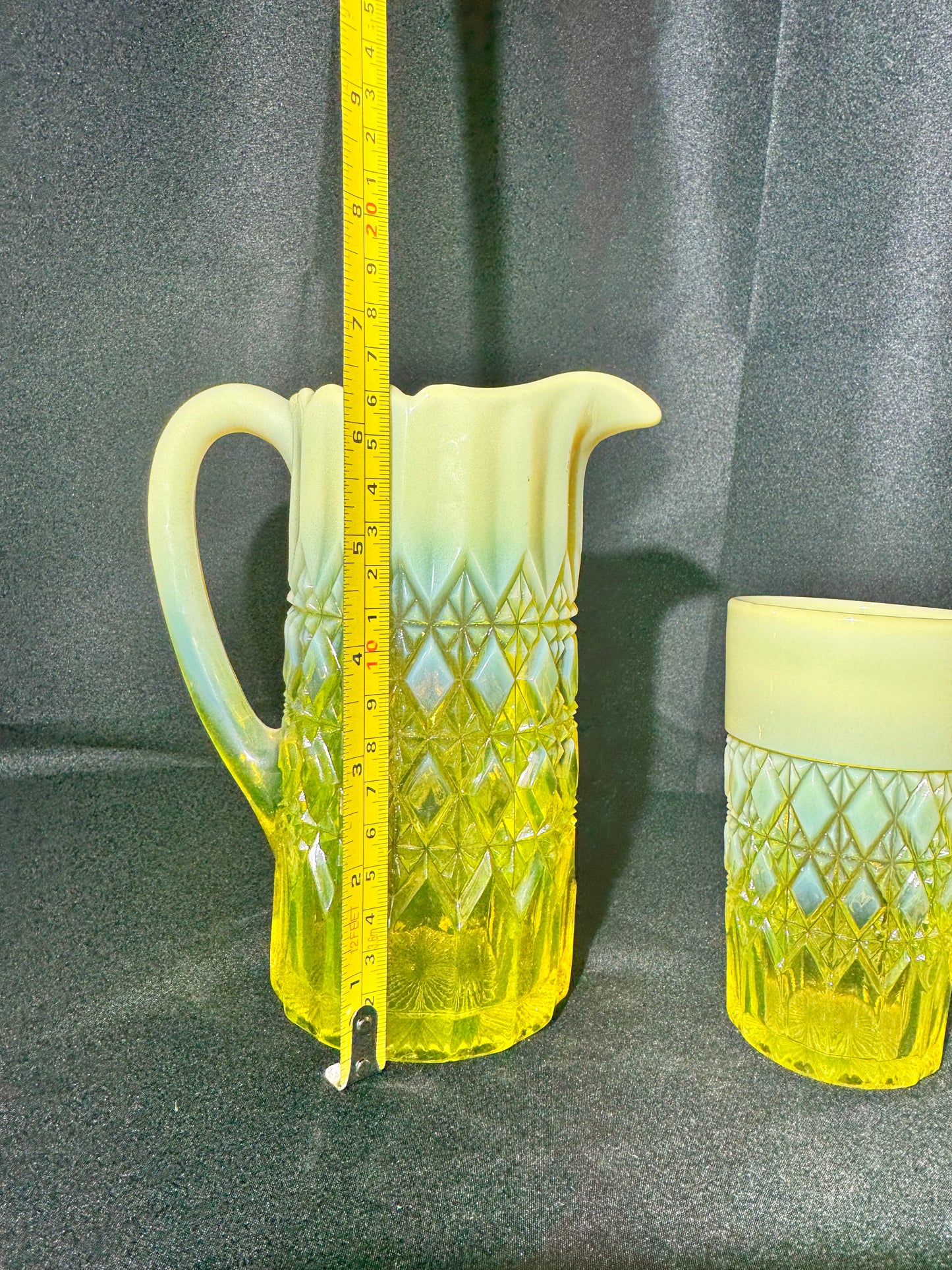 George Davidson – Pearline Opalescent Uranium Glass Pitcher and 2 Tumblers – Vintage EAPG
