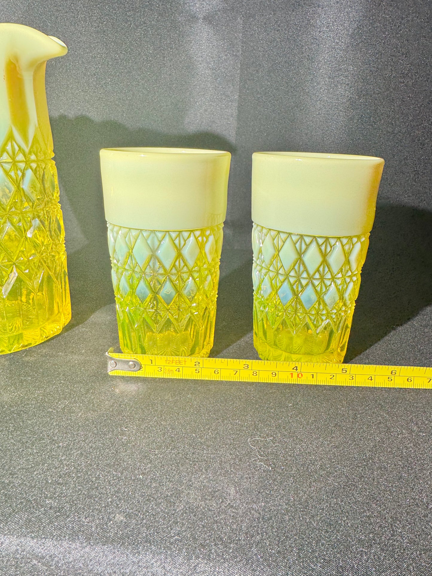 George Davidson – Pearline Opalescent Uranium Glass Pitcher and 2 Tumblers – Vintage EAPG