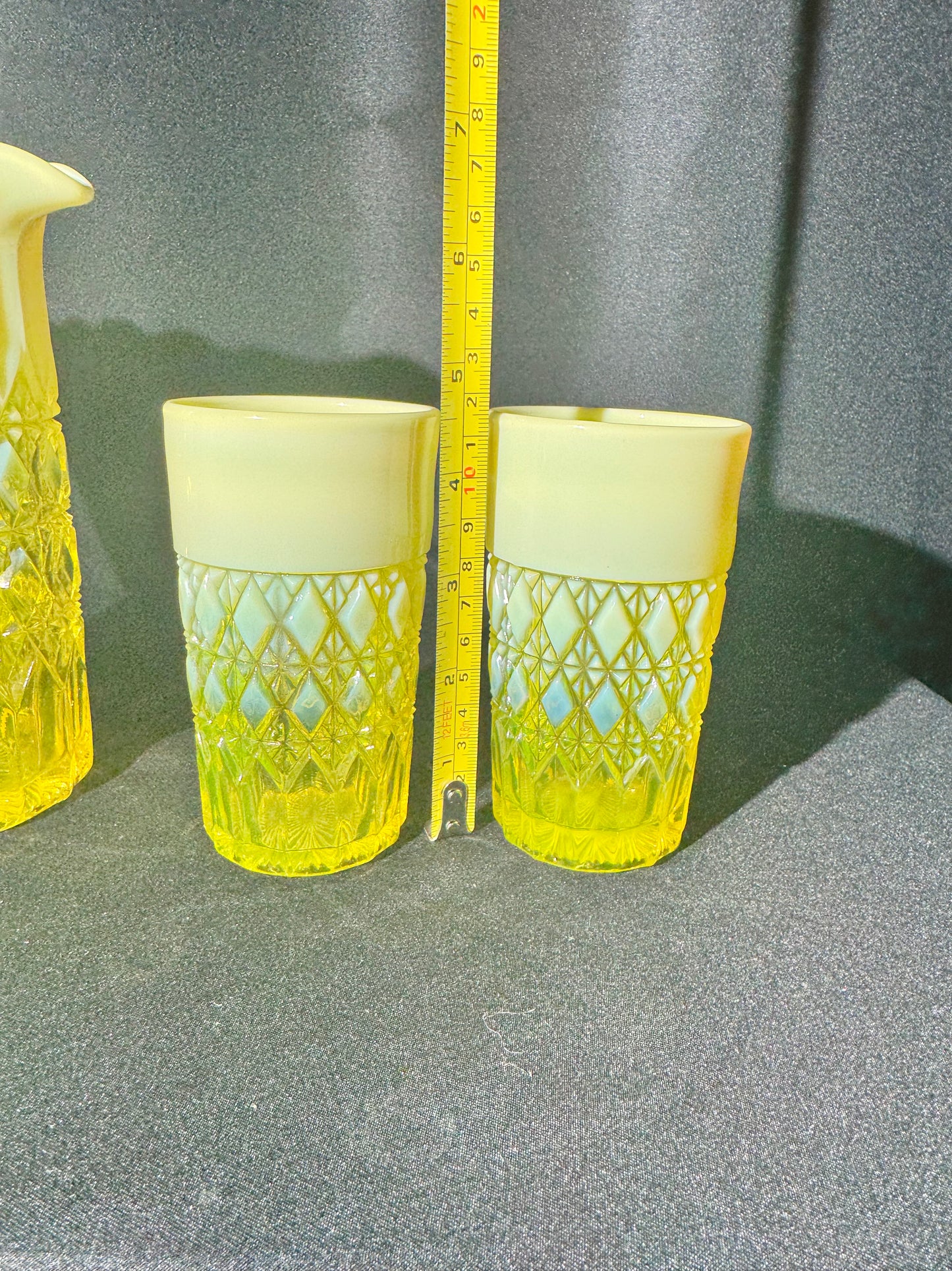 George Davidson – Pearline Opalescent Uranium Glass Pitcher and 2 Tumblers – Vintage EAPG