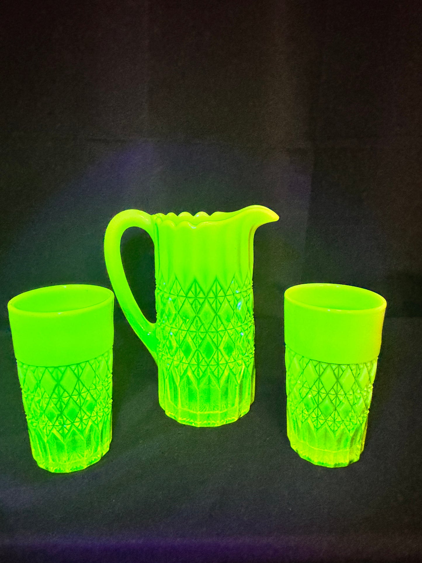 George Davidson – Pearline Opalescent Uranium Glass Pitcher and 2 Tumblers – Vintage EAPG