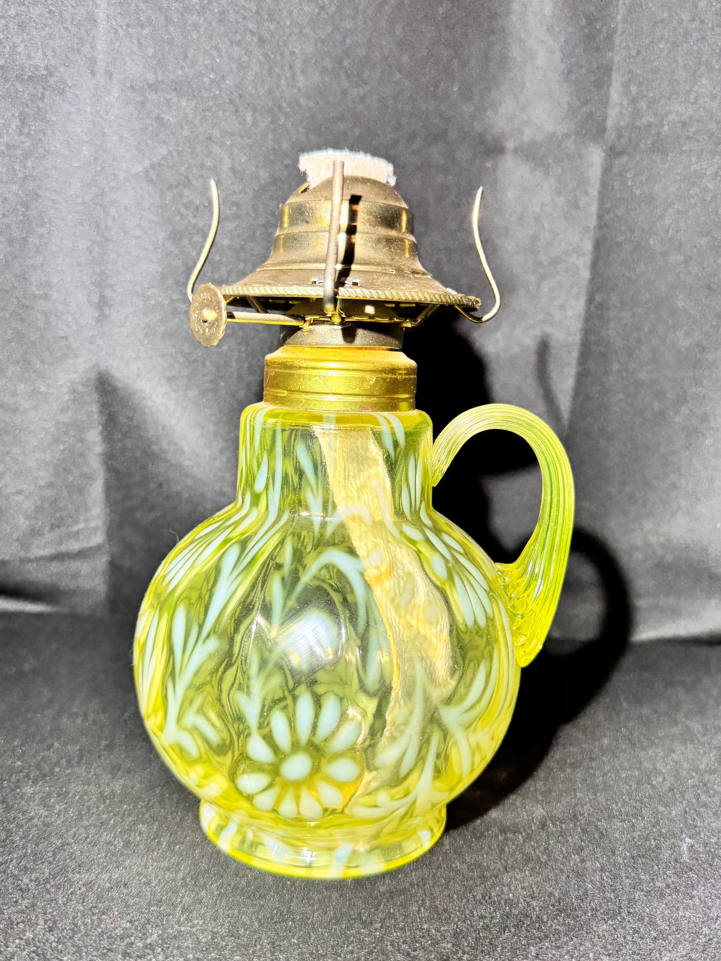 Uranium Oil Lamp – Daisy & Fern Pattern – Opalescent – Early American LG Wright