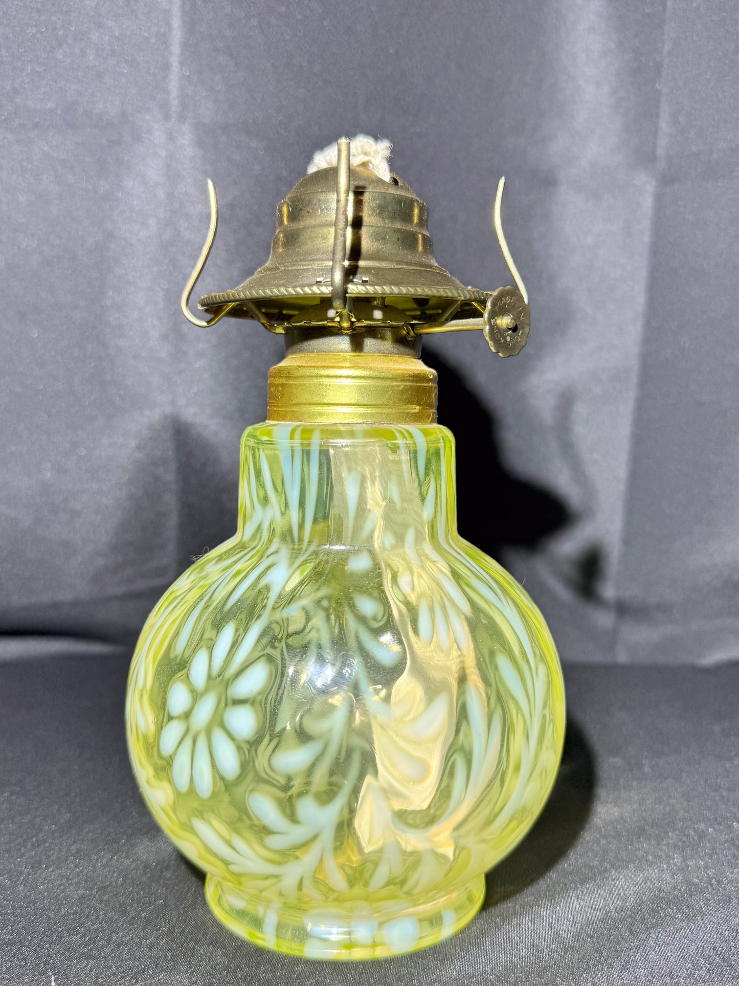 Uranium Oil Lamp – Daisy & Fern Pattern – Opalescent – Early American LG Wright