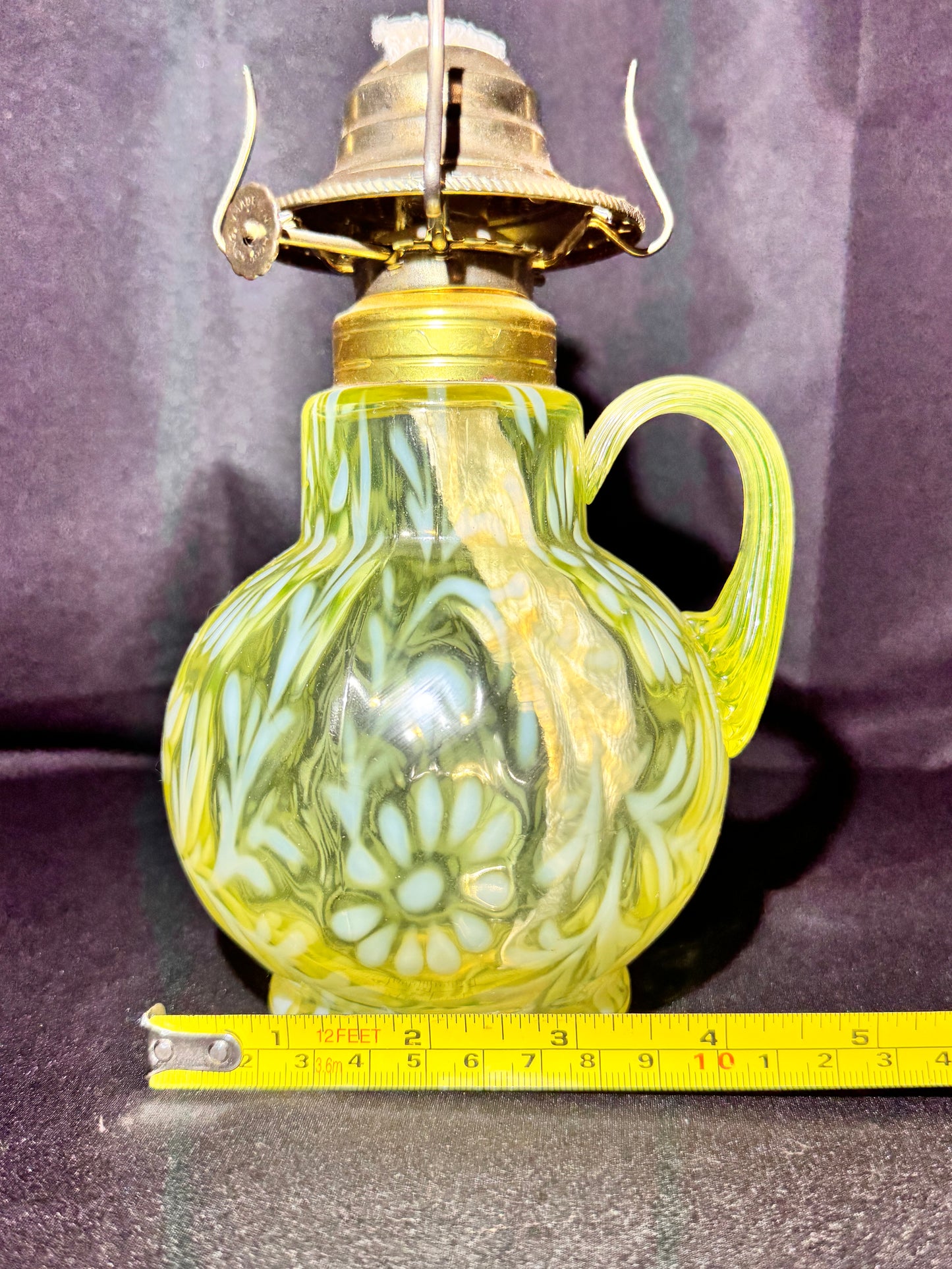 Uranium Oil Lamp – Daisy & Fern Pattern – Opalescent – Early American LG Wright