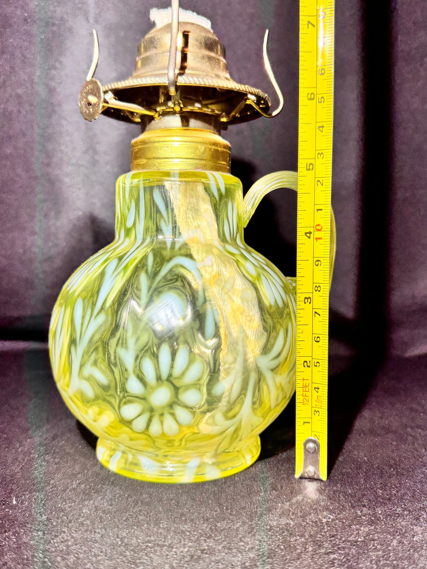 Uranium Oil Lamp – Daisy & Fern Pattern – Opalescent – Early American LG Wright