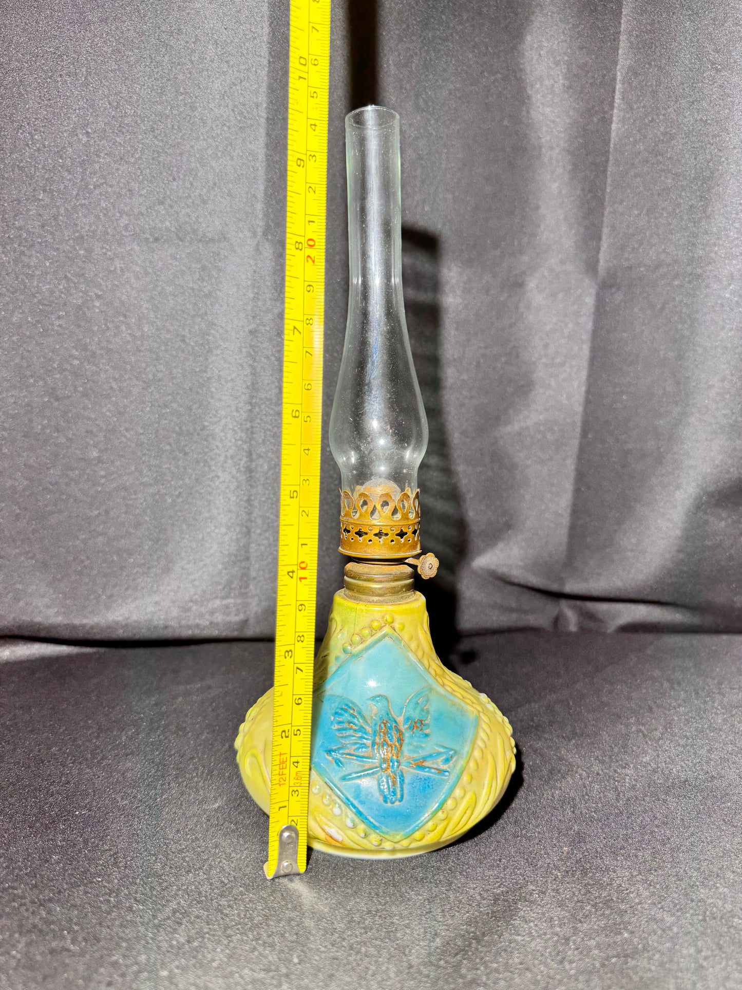 Vintage Miniature Milk Glass Oil Lamp – Eagle Design – Blue & Green with Glass Chimney