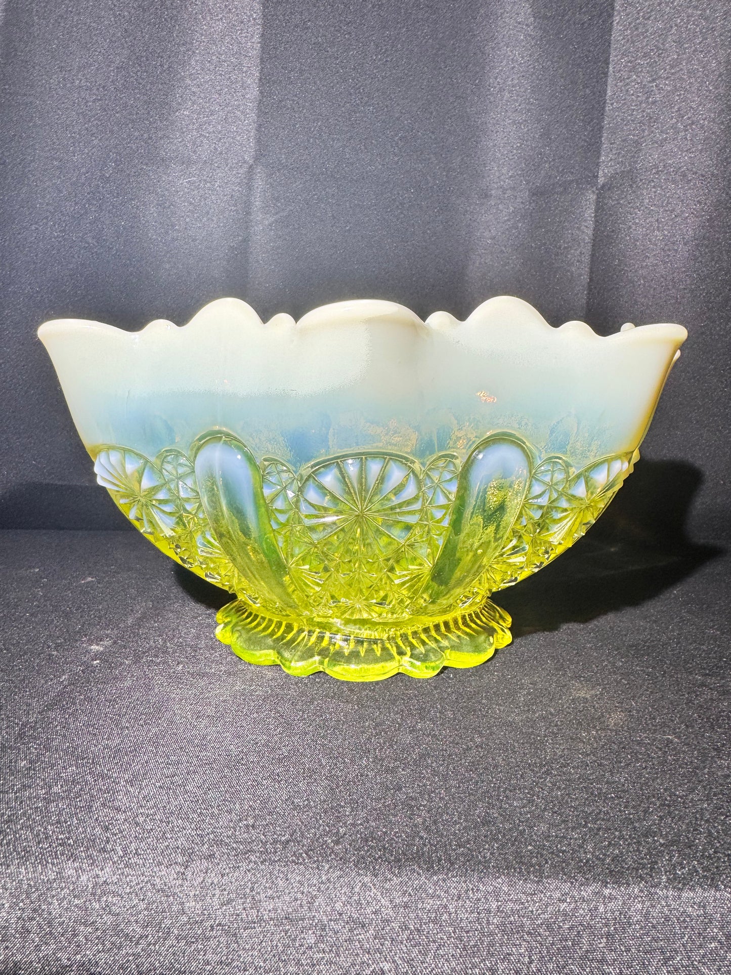 Antique Davidson Lady Chippendale Uranium Glass Bowl – Etched Number 176566 – Opalescent EAPG