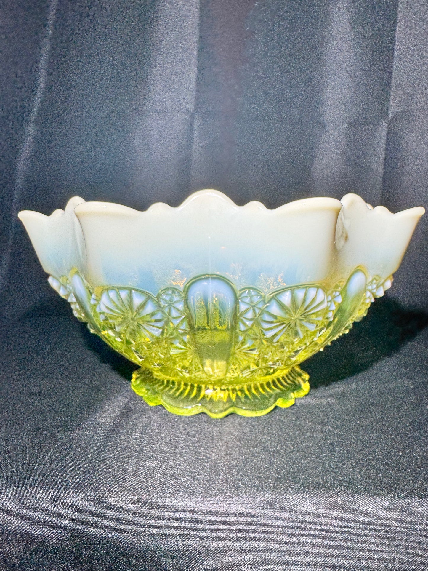 Antique Davidson Lady Chippendale Uranium Glass Bowl – Etched Number 176566 – Opalescent EAPG