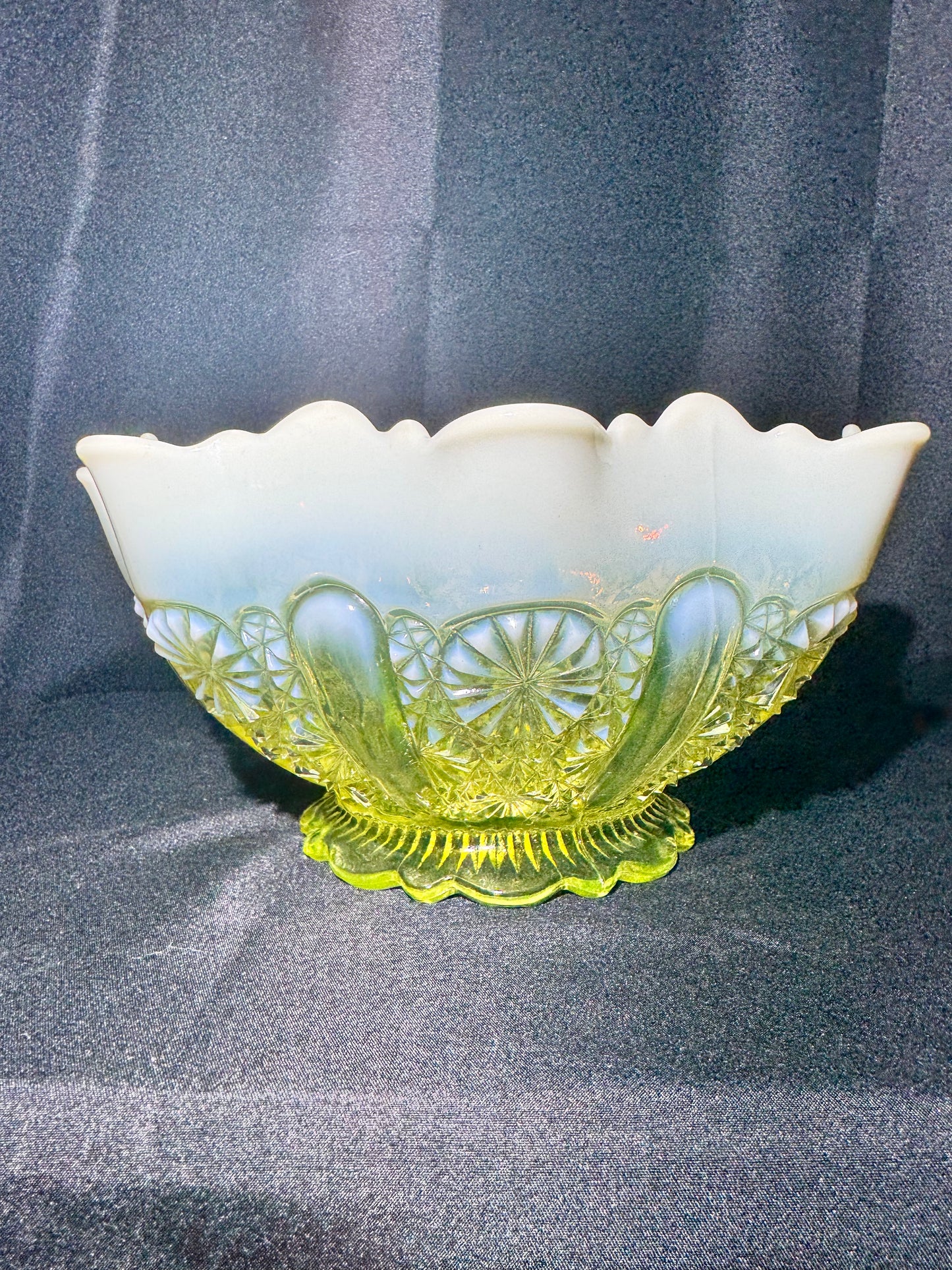 Antique Davidson Lady Chippendale Uranium Glass Bowl – Etched Number 176566 – Opalescent EAPG