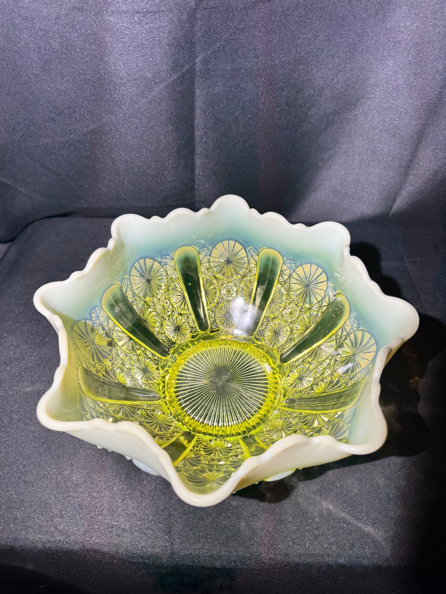 Antique Davidson Lady Chippendale Uranium Glass Bowl – Etched Number 176566 – Opalescent EAPG