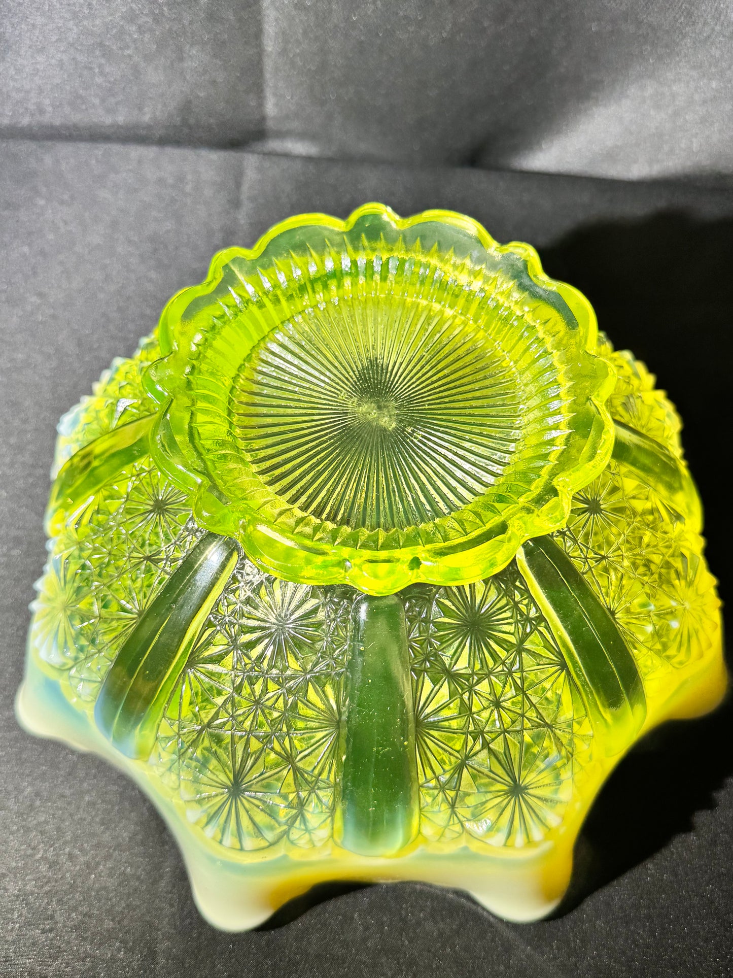 Antique Davidson Lady Chippendale Uranium Glass Bowl – Etched Number 176566 – Opalescent EAPG