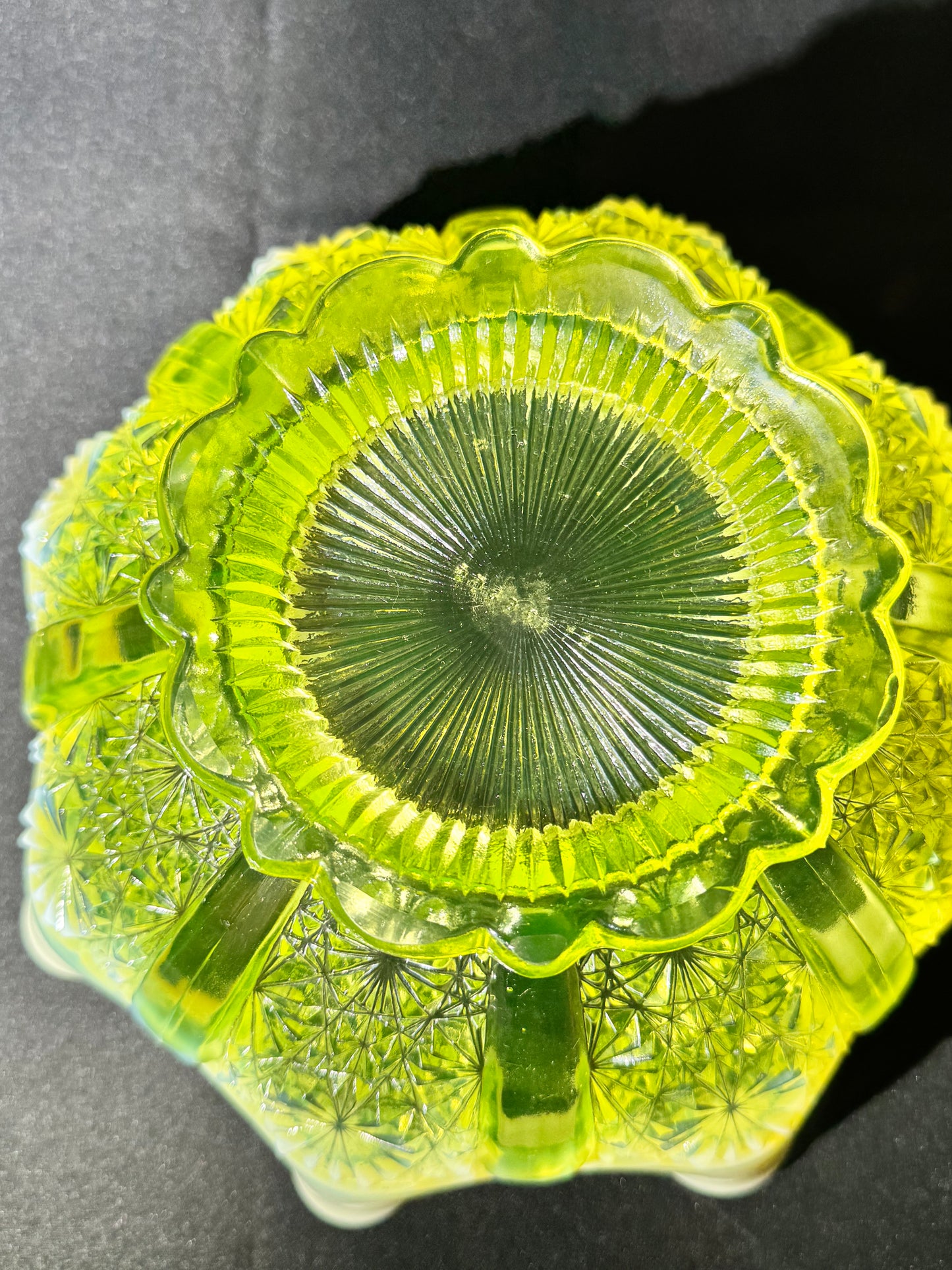 Antique Davidson Lady Chippendale Uranium Glass Bowl – Etched Number 176566 – Opalescent EAPG