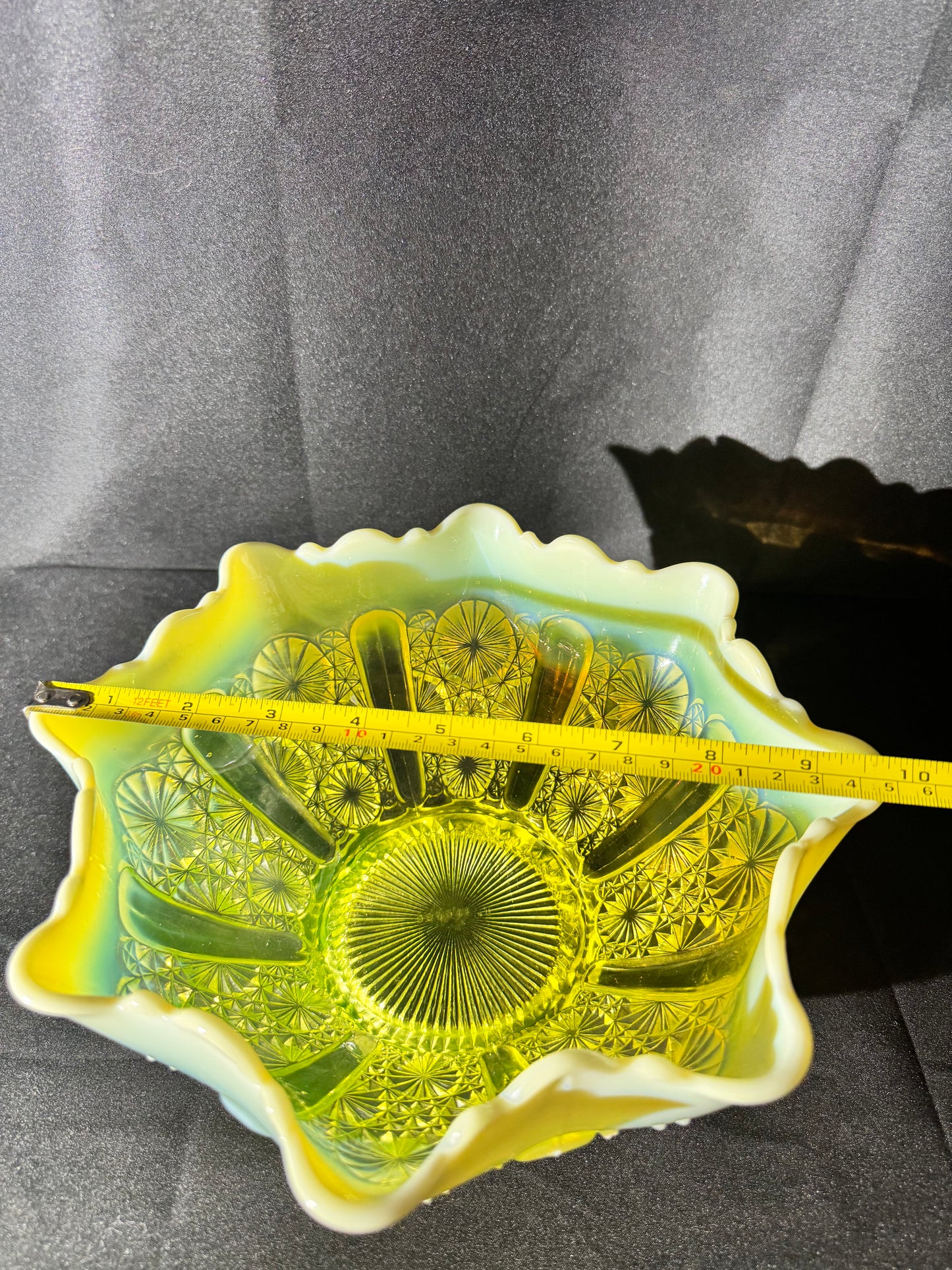 Antique Davidson Lady Chippendale Uranium Glass Bowl – Etched Number 176566 – Opalescent EAPG