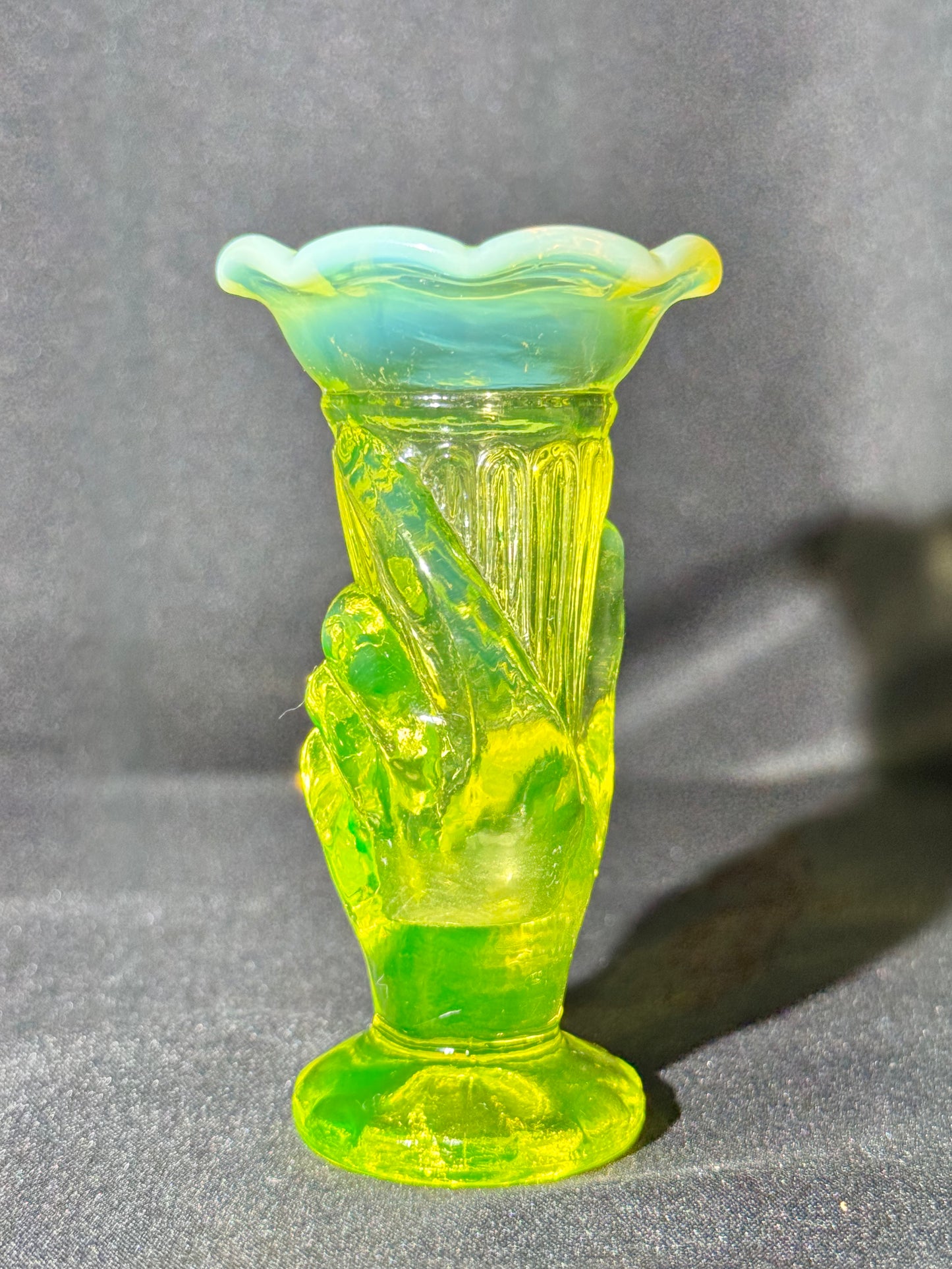 Uranium- topaz Opalescent- Cornucopia in Hand - Bud Vase