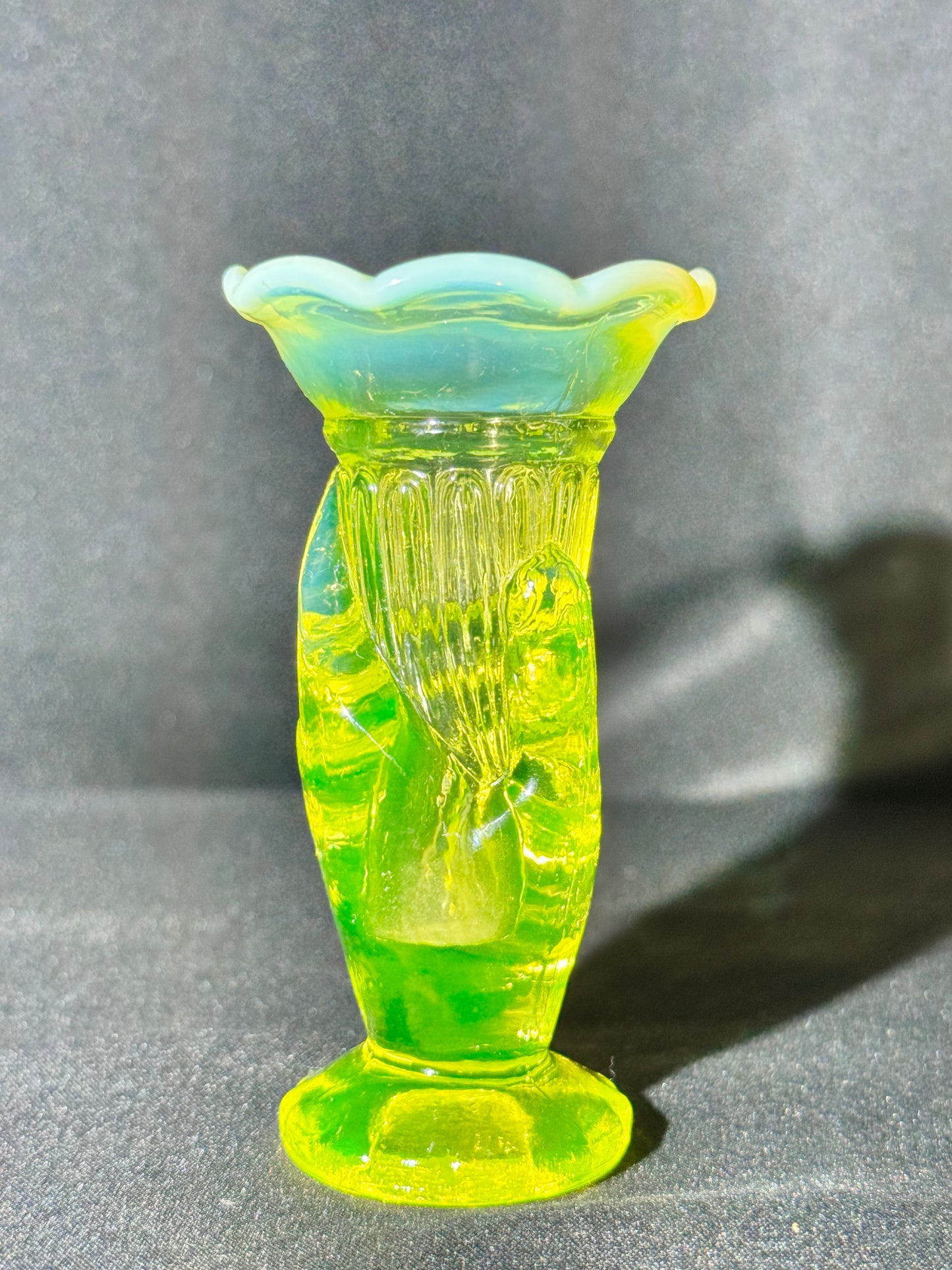 Uranium- topaz Opalescent- Cornucopia in Hand - Bud Vase