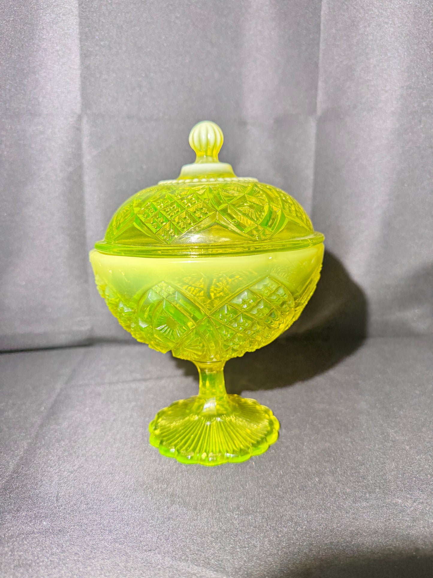 George Davidson Pearline Stemmed Basin with Cover – 1896 – Uranium Opalescent – Etched RD325539