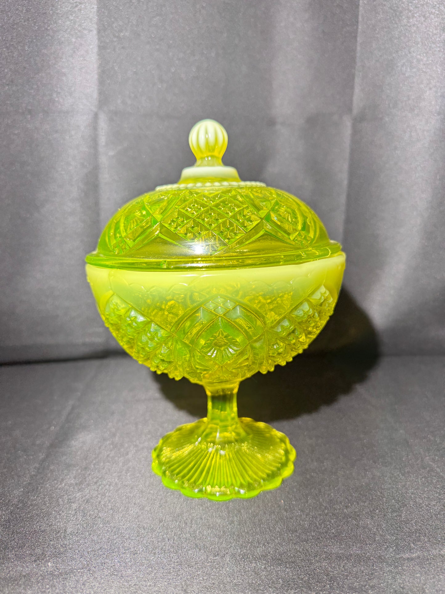 George Davidson Pearline Stemmed Basin with Cover – 1896 – Uranium Opalescent – Etched RD325539