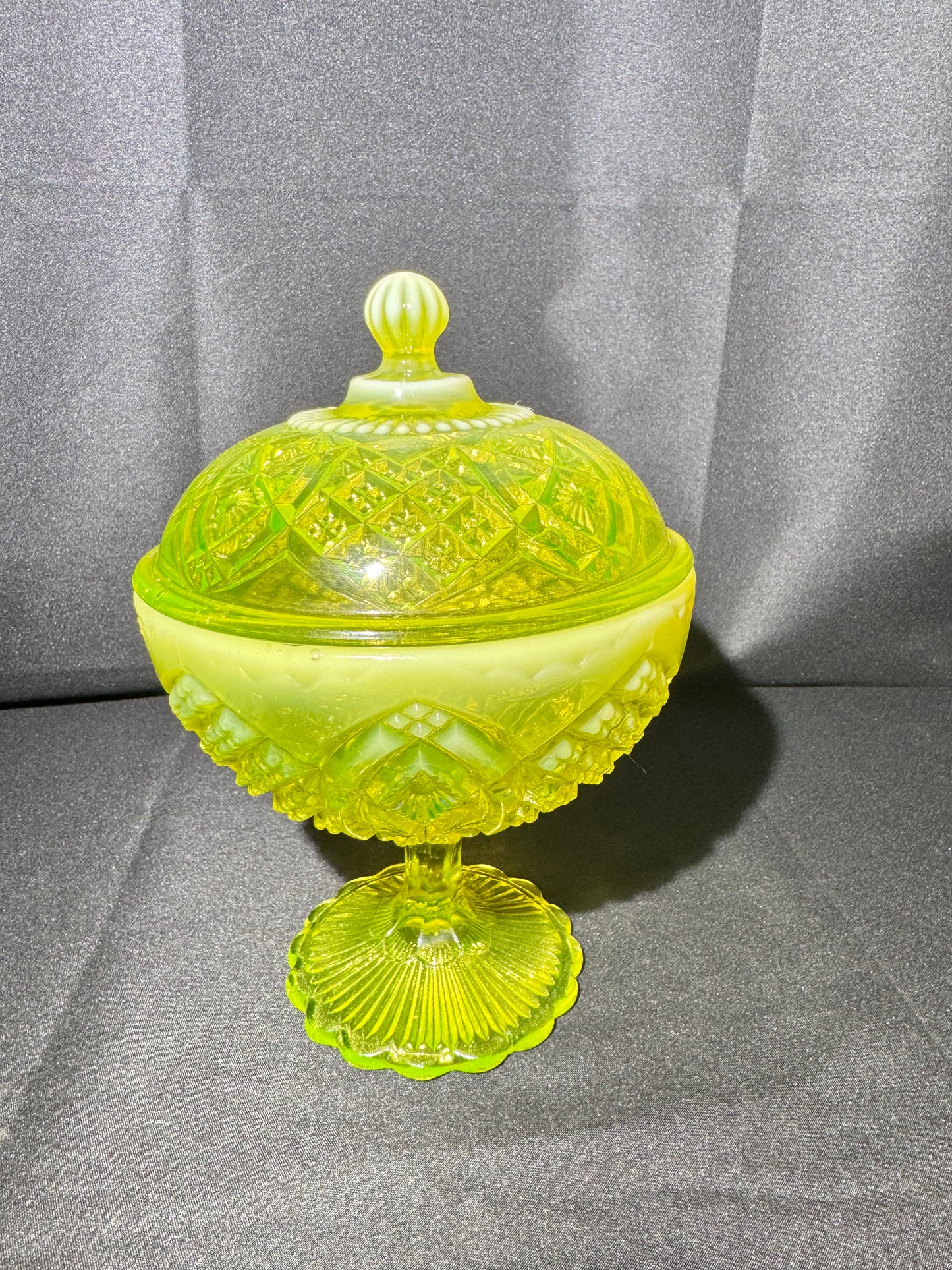 George Davidson Pearline Stemmed Basin with Cover – 1896 – Uranium Opalescent – Etched RD325539