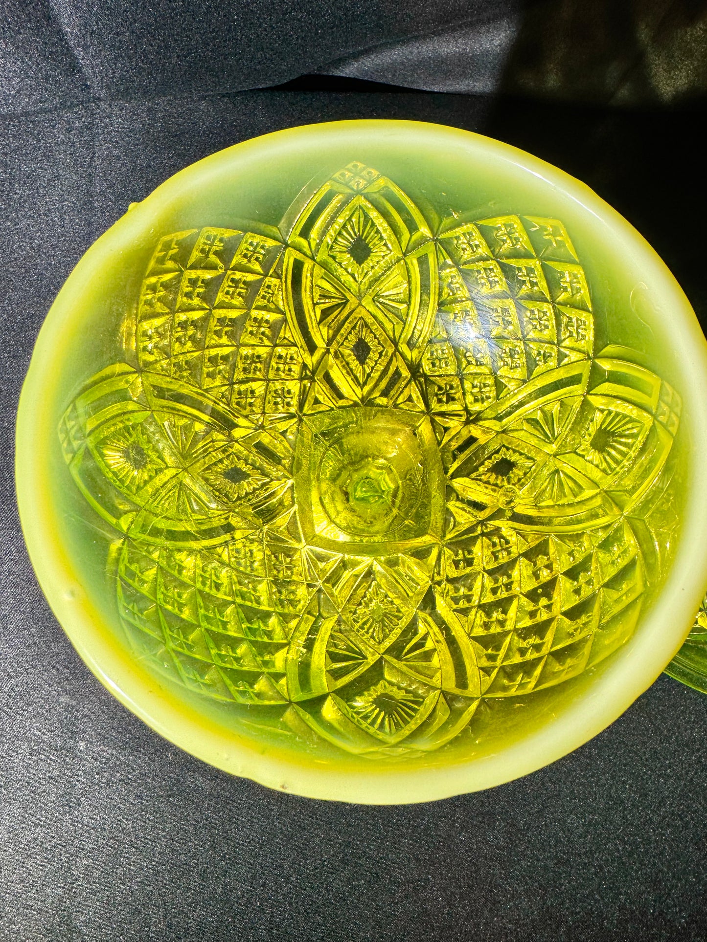 George Davidson Pearline Stemmed Basin with Cover – 1896 – Uranium Opalescent – Etched RD325539