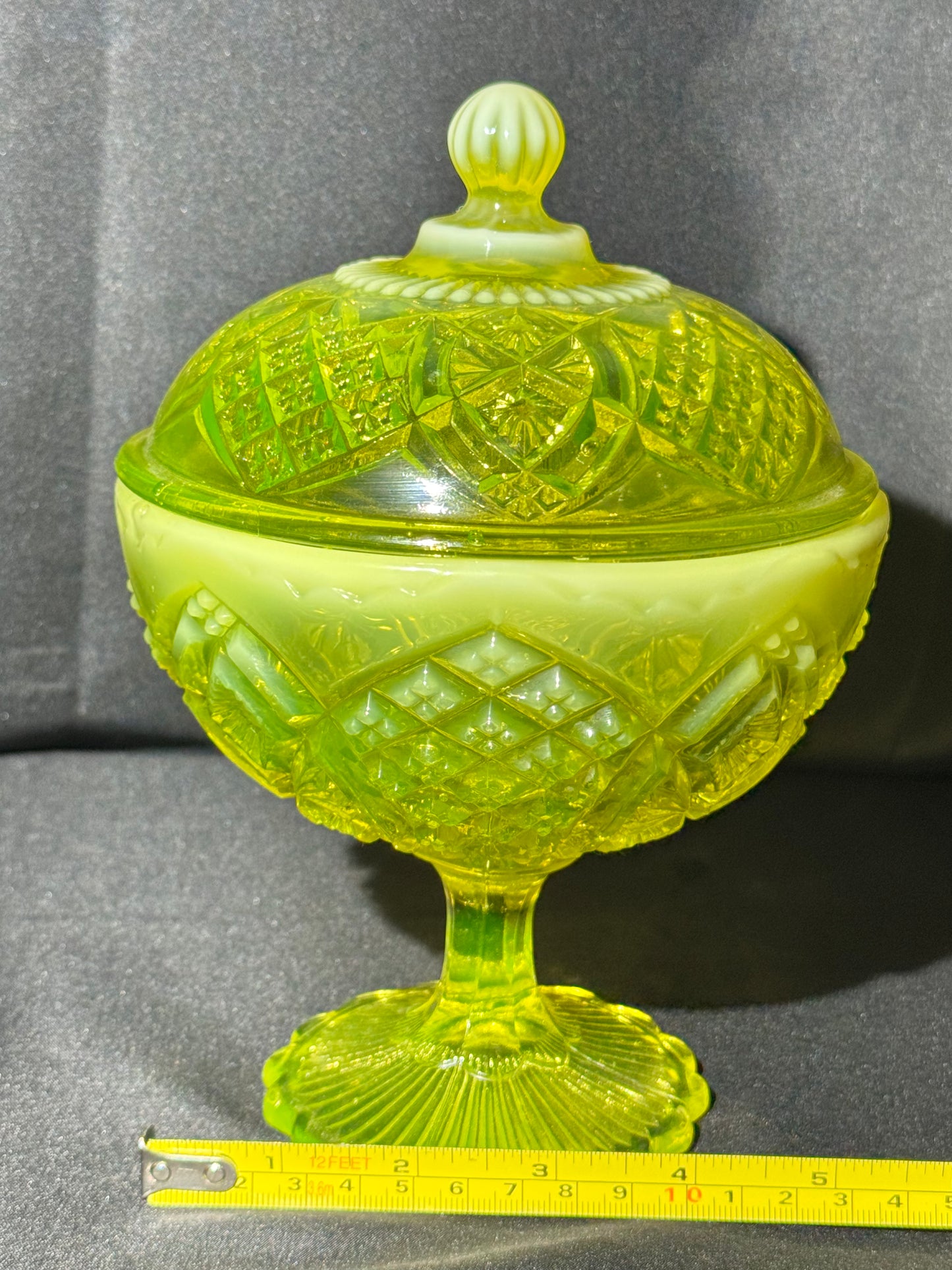 George Davidson Pearline Stemmed Basin with Cover – 1896 – Uranium Opalescent – Etched RD325539