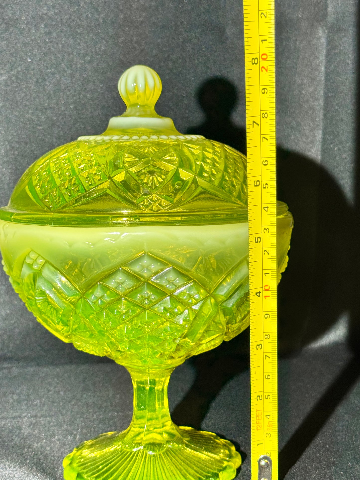 George Davidson Pearline Stemmed Basin with Cover – 1896 – Uranium Opalescent – Etched RD325539