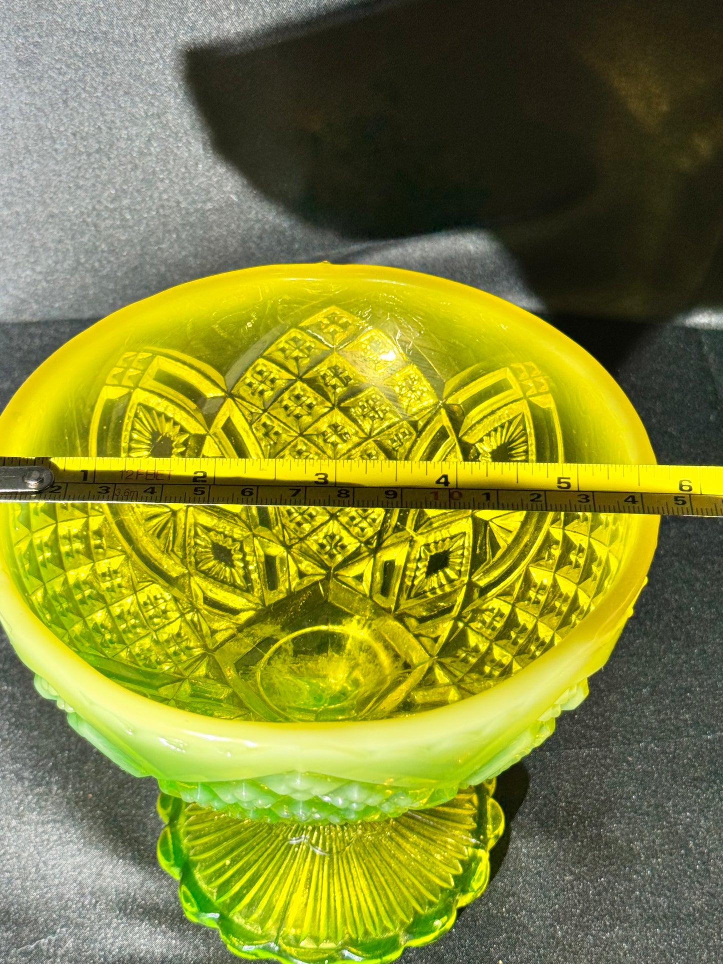 George Davidson Pearline Stemmed Basin with Cover – 1896 – Uranium Opalescent – Etched RD325539