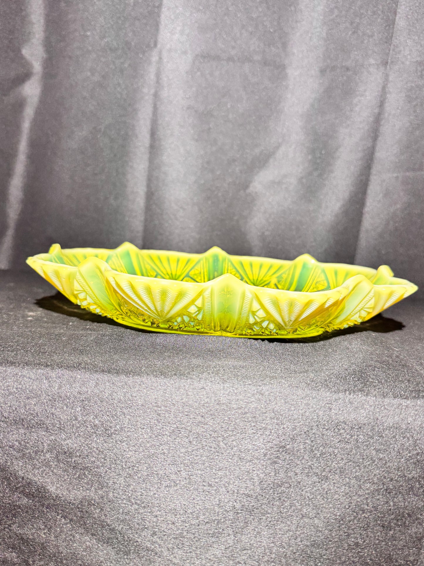 George Davidson “Lords and Ladies” Uranium Opalescent Serving Bowl 9.5”x7.5”